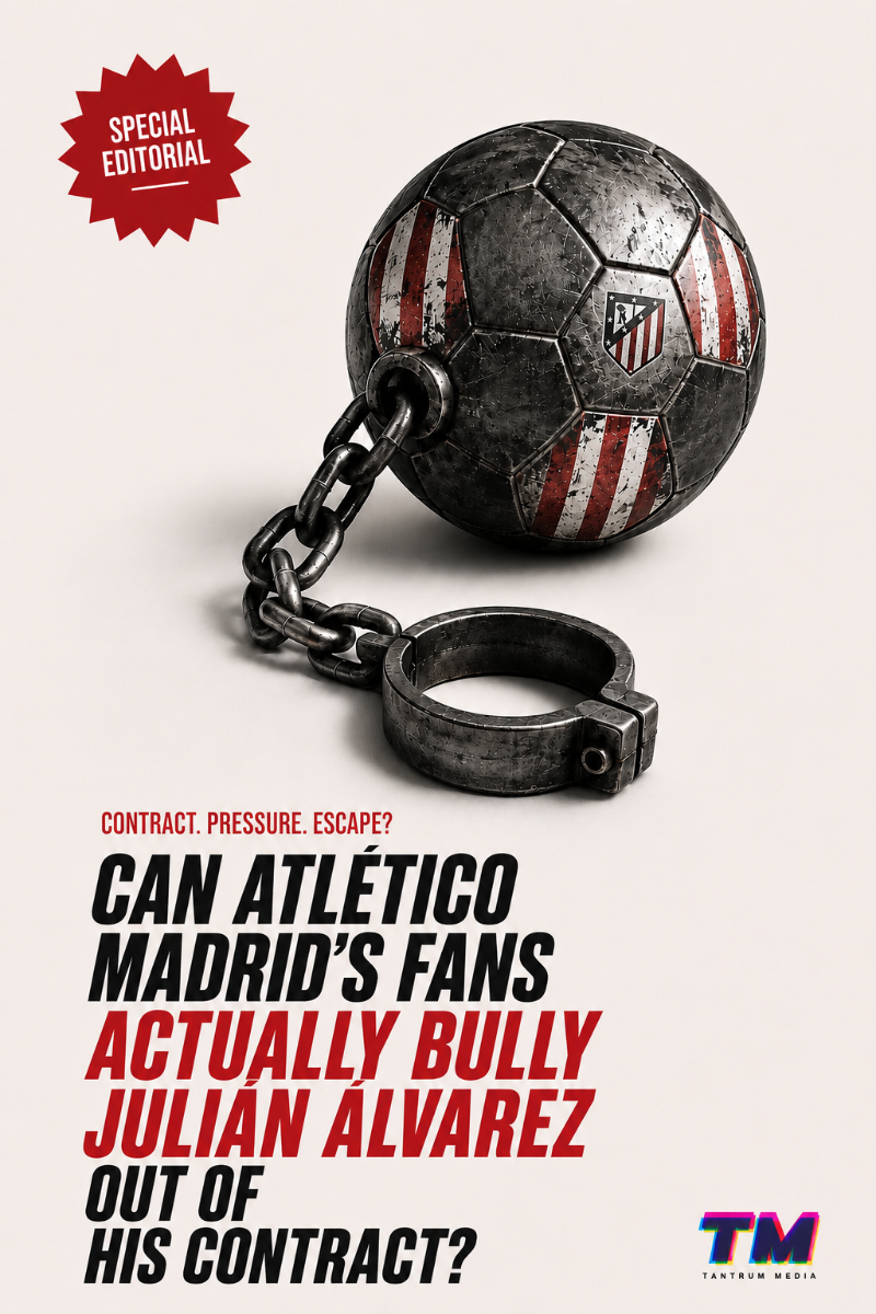 Special editorial cover about Julián Álvarez and Atlético Madrid, featuring a soccer ball transformed into a ball and chain with the headline asking whether fans can bully him out of his contract.