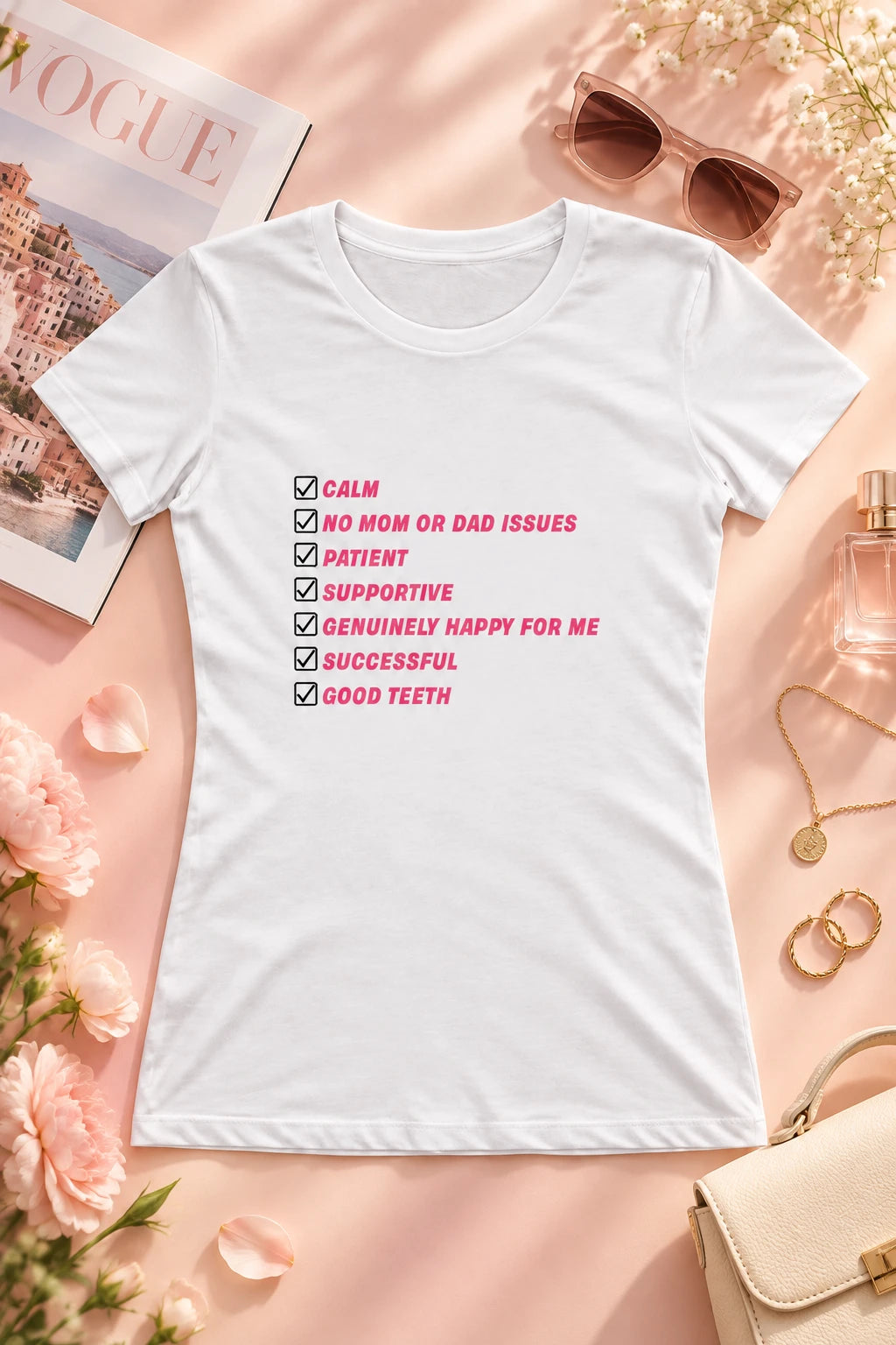 White Kim Kardashian Boyfriend Must Have List women’s T-shirt styled flat lay with pink checklist graphic