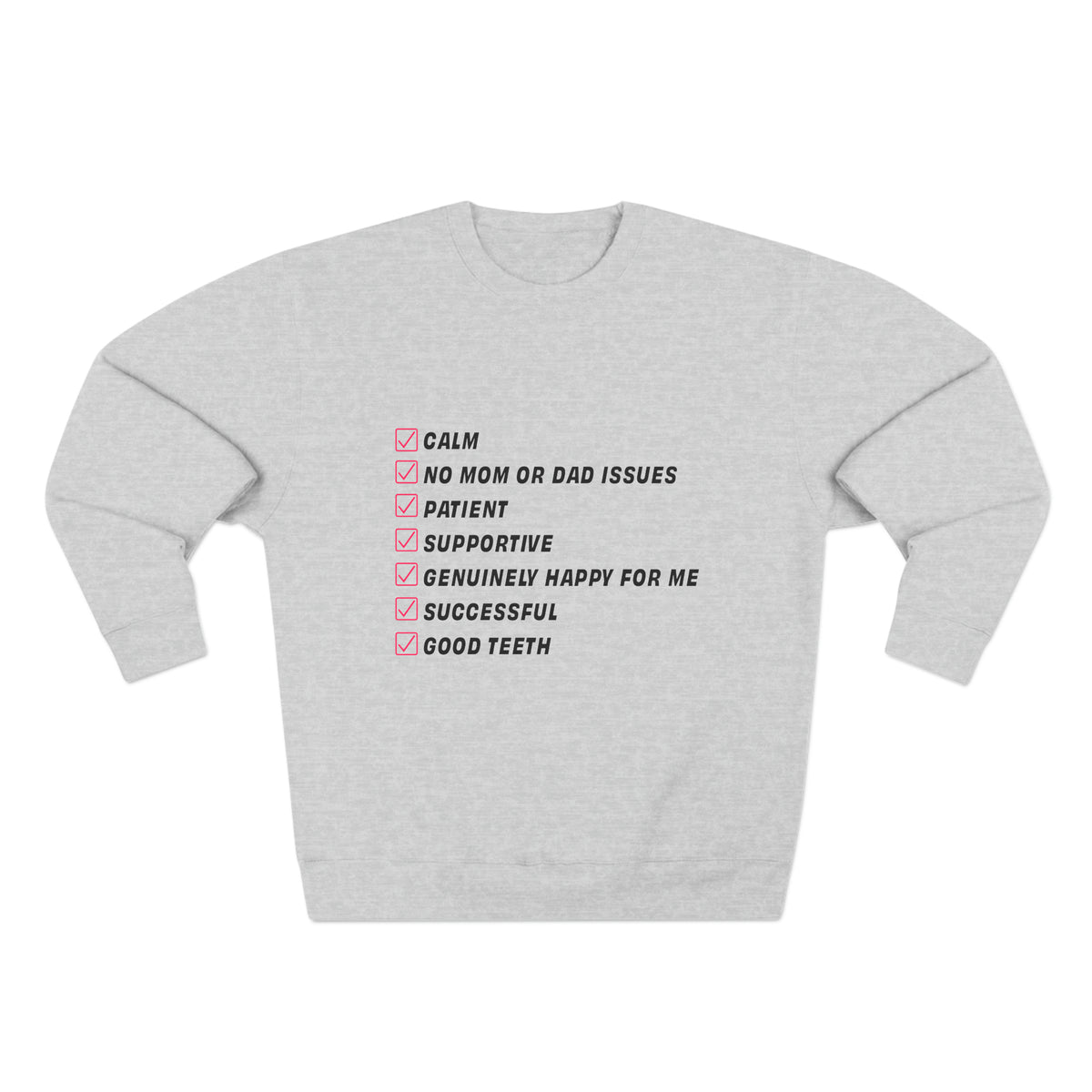 Gray Kim Kardashian’s Men’s Must-Have List crewneck sweatshirt flat lay front view with checklist graphic.