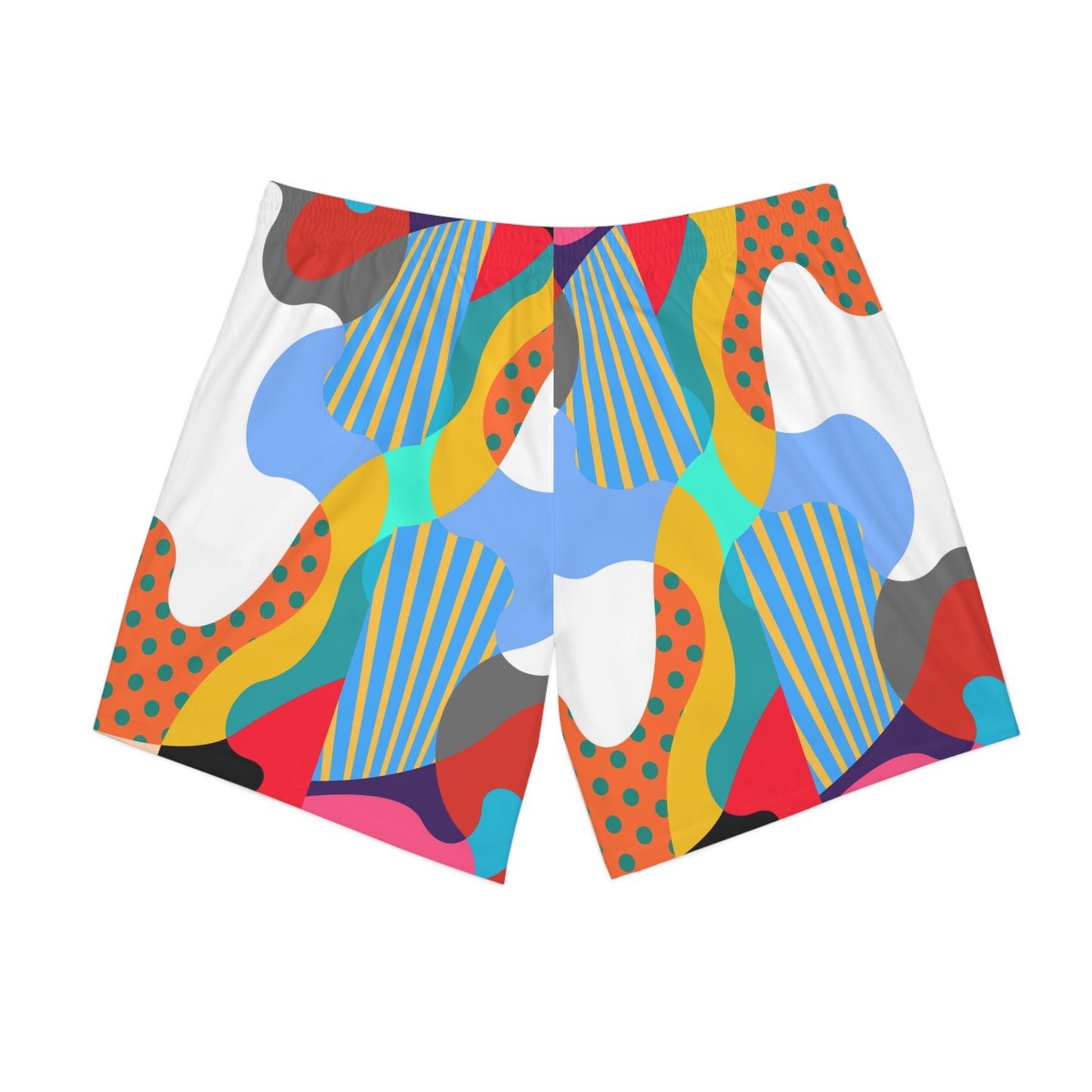 Back view of Kinder Toy Retro Men’s Beach Shorts with vibrant retro-inspired graphic print