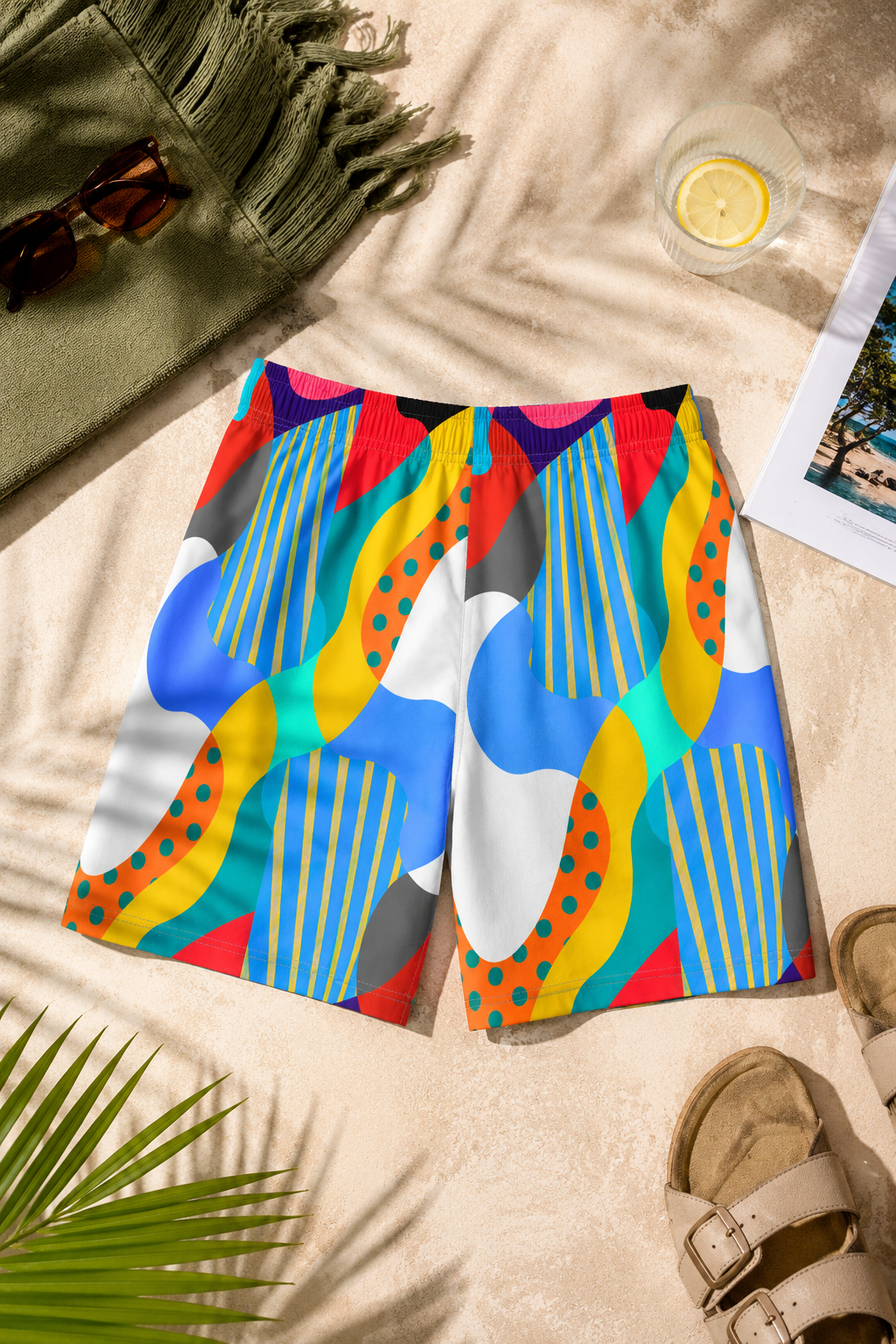 Flat lay of Kinder Toy Retro Men’s Beach Shorts with colorful retro graphics and summer beach accessories