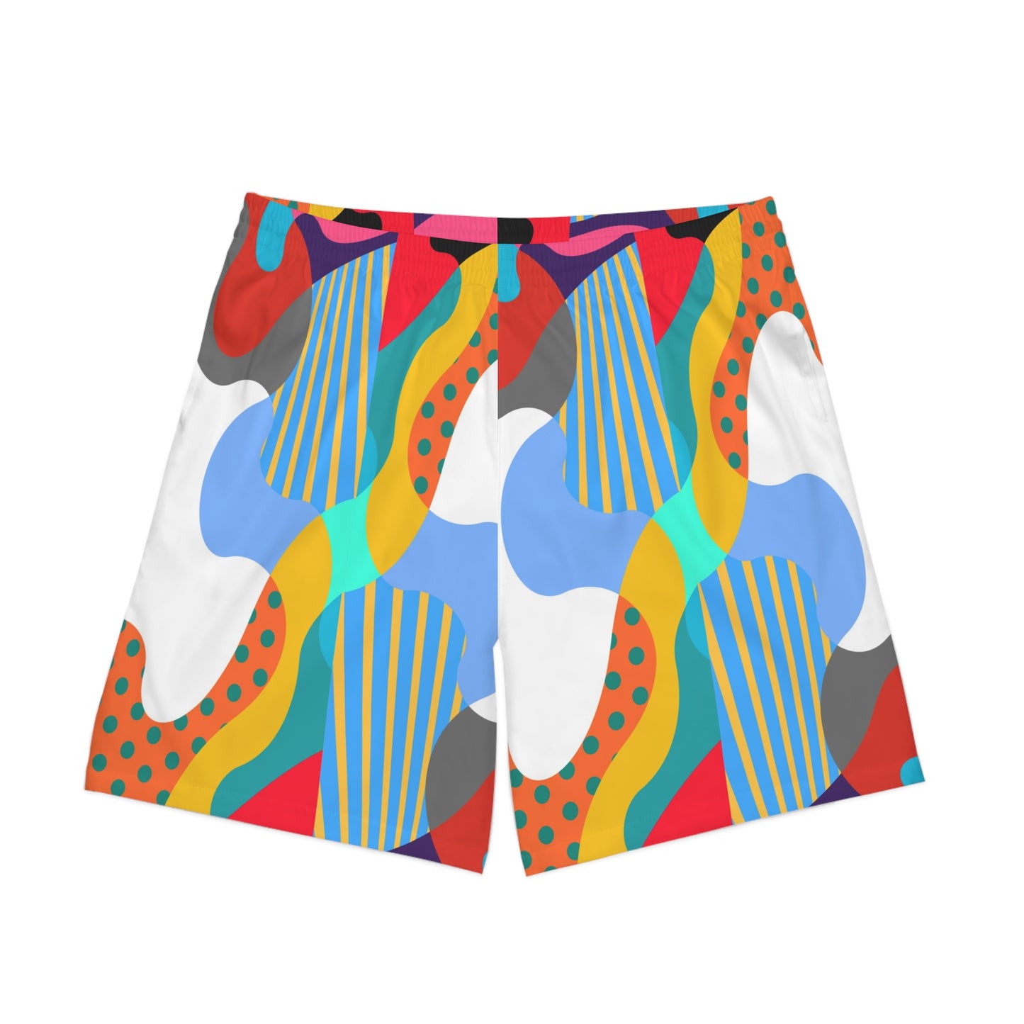 Front view of Kinder Toy Retro Men’s Beach Shorts featuring bold colorful abstract pattern design