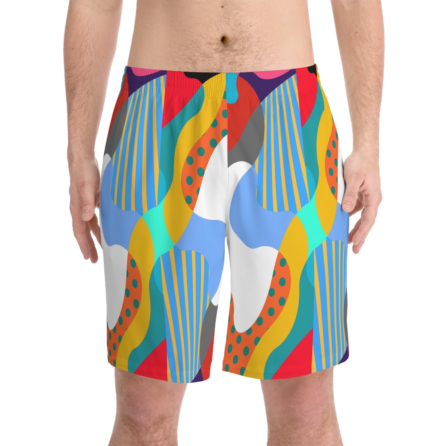 Male model wearing Kinder Toy Retro Men’s Beach Shorts with relaxed fit and colorful beachwear style