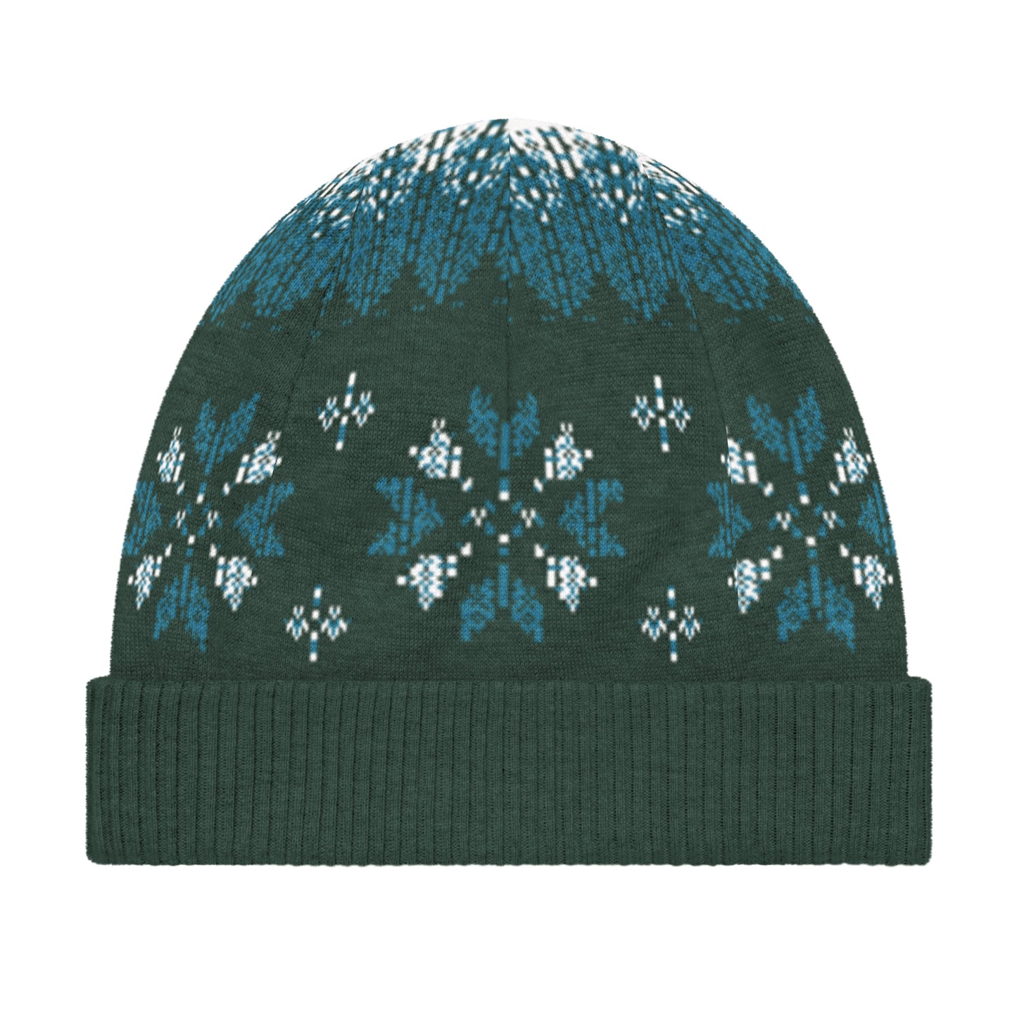 Front view of a dark green knit beanie featuring a blue and white winter pattern.