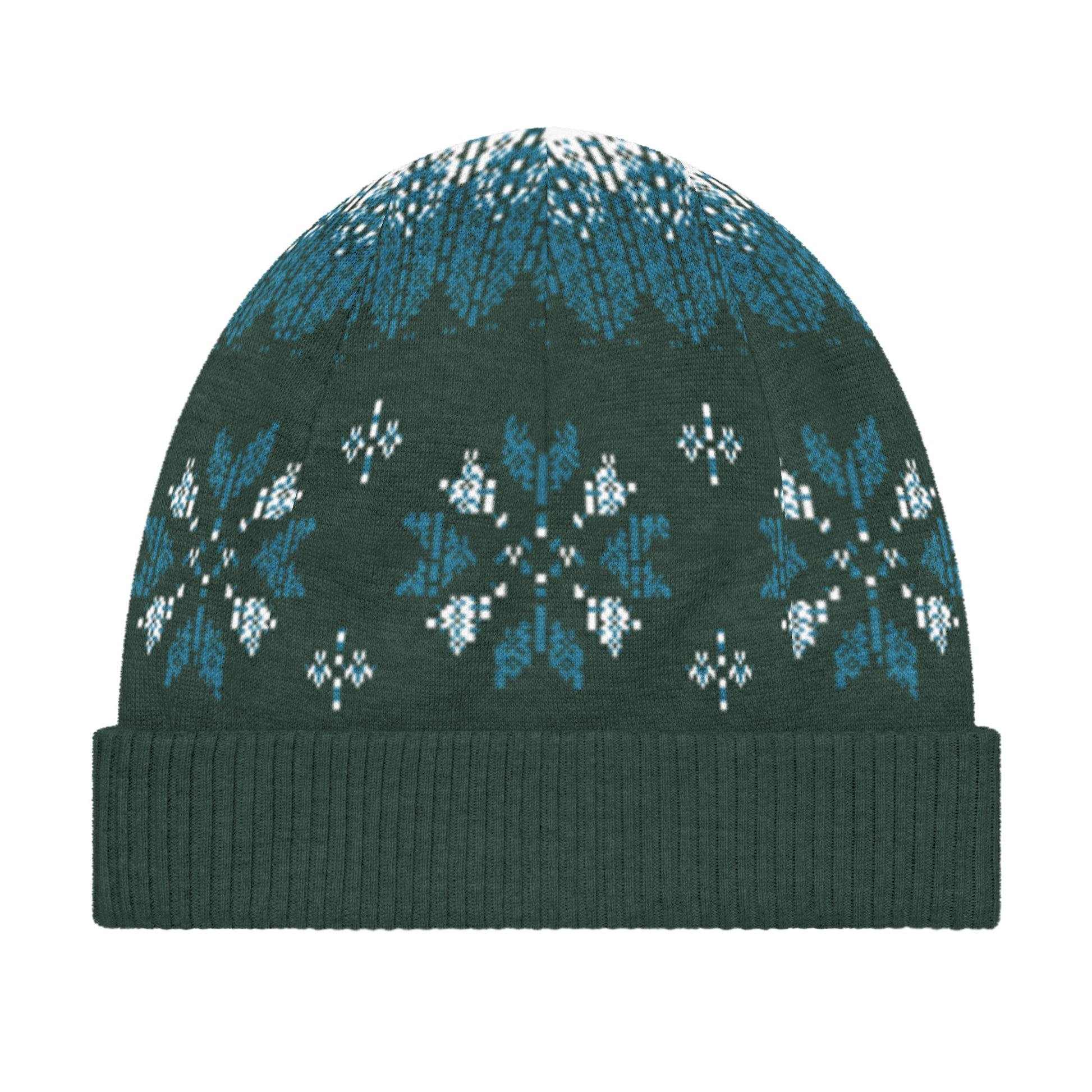 Front view of a dark green knit beanie featuring a blue and white winter pattern.