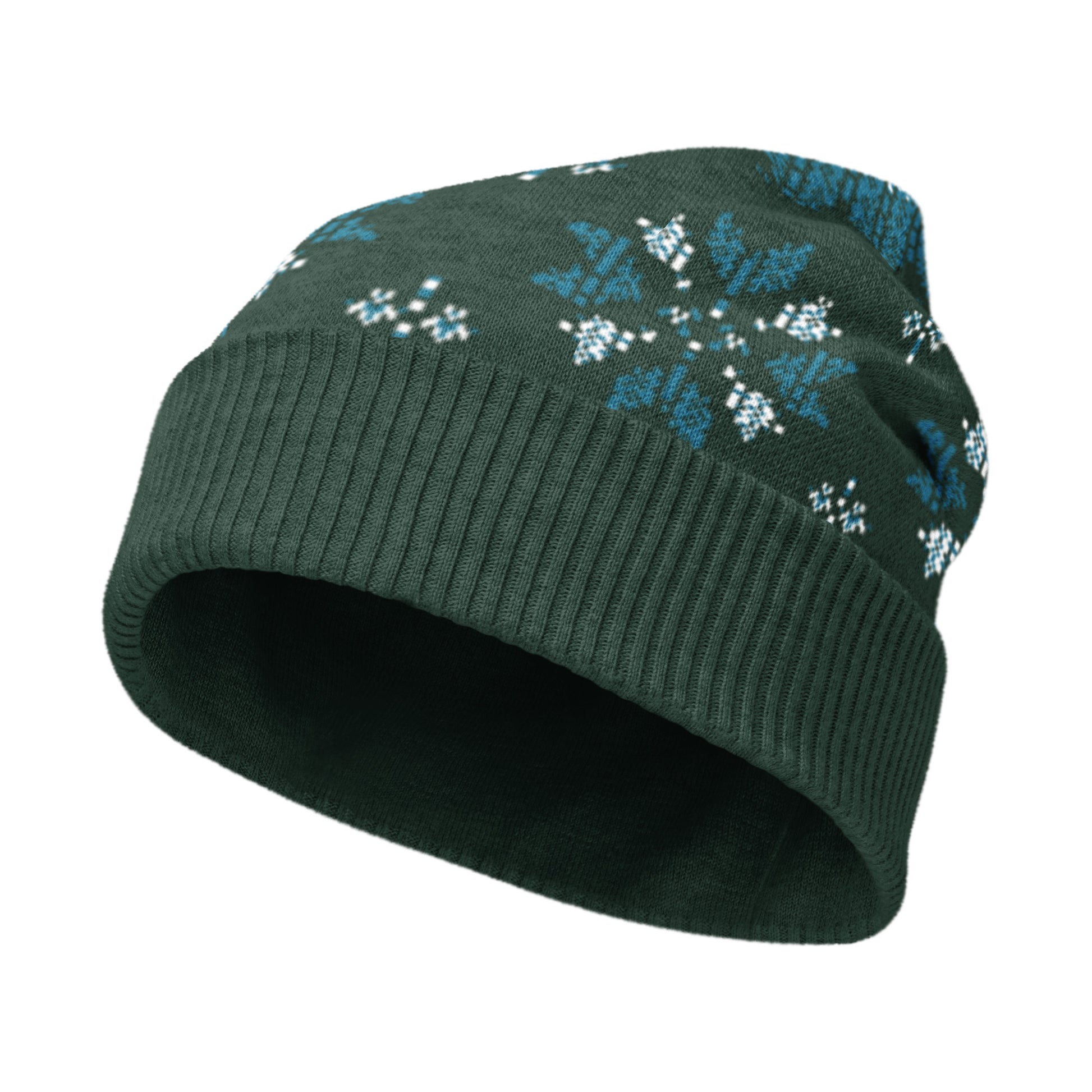 Dark green knit beanie with blue and white winter pattern shown from a tilted angle.