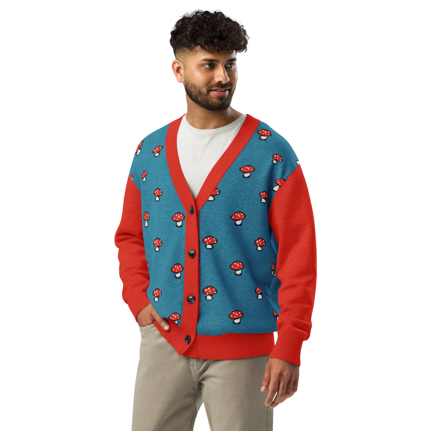 Flat lay front view of the pixel mushroom cardigan showing full design.