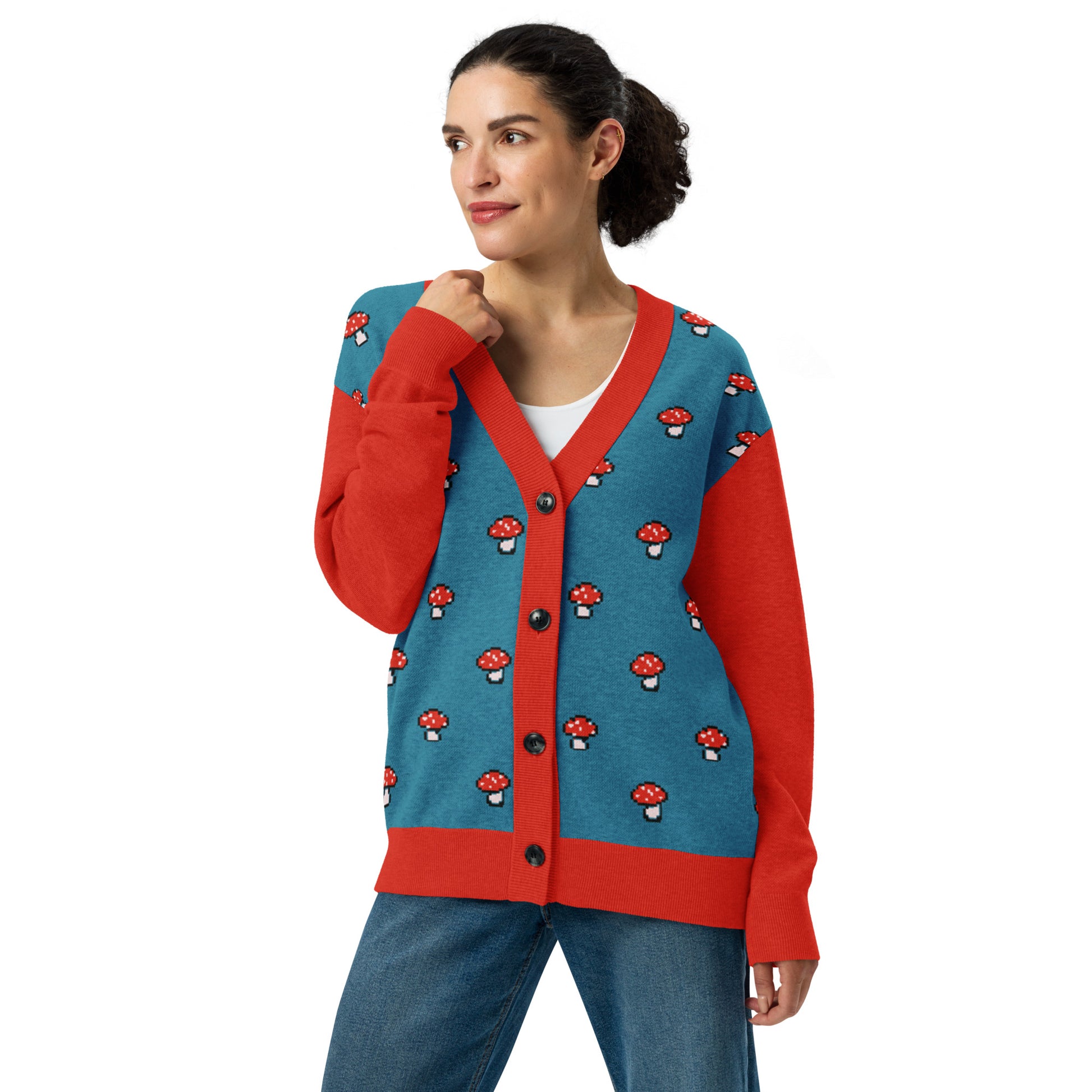 Woman wearing the pixel mushroom cardigan close up showing neckline and button area.