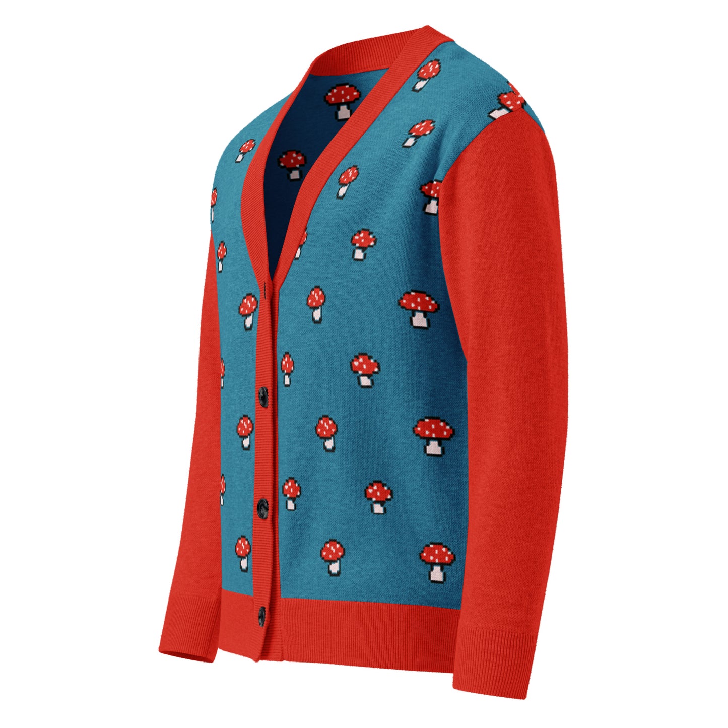 Side view of the pixel mushroom cardigan on a model showing the red sleeves and blue patterned front.