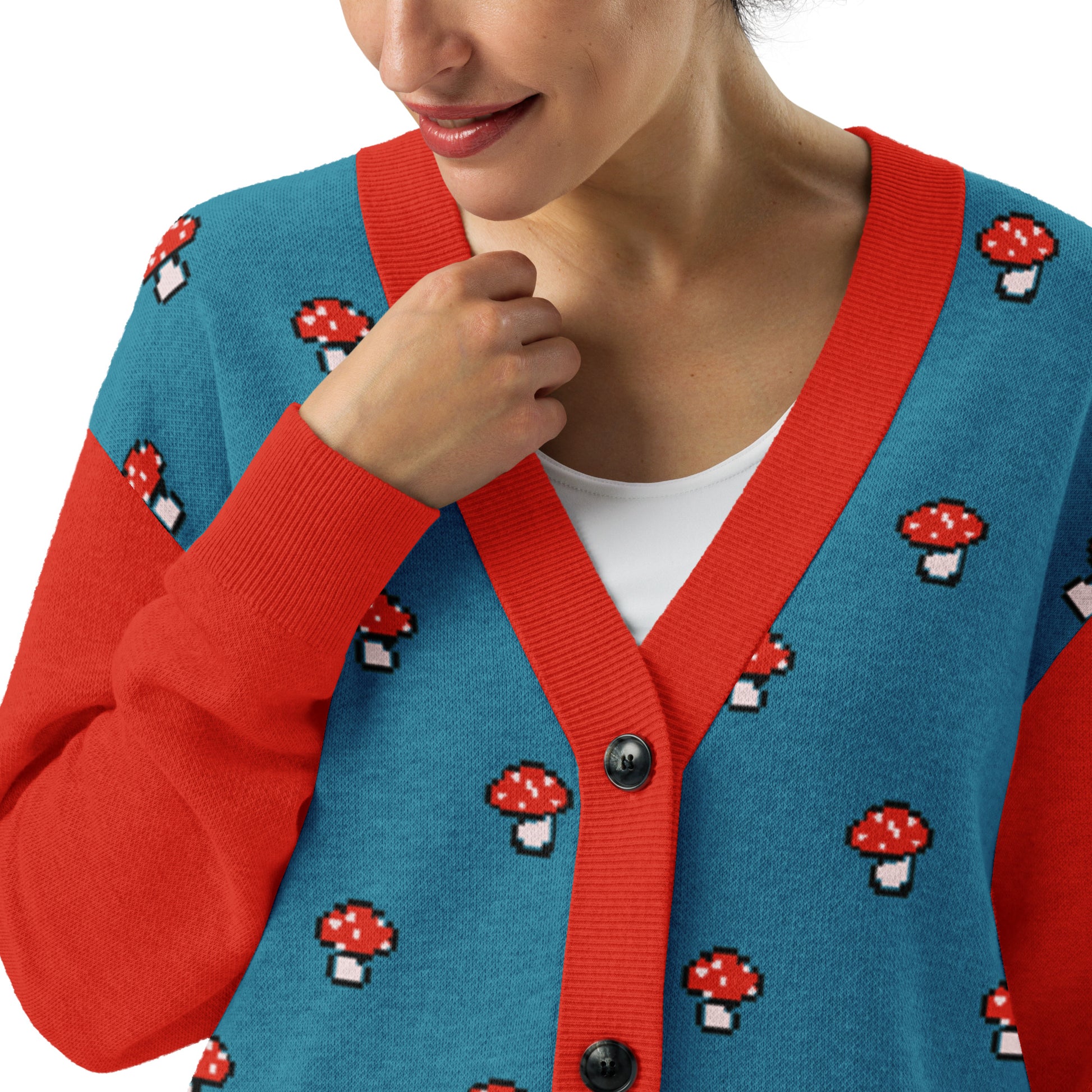 Woman wearing the pixel mushroom cardigan close up showing neckline and button area.