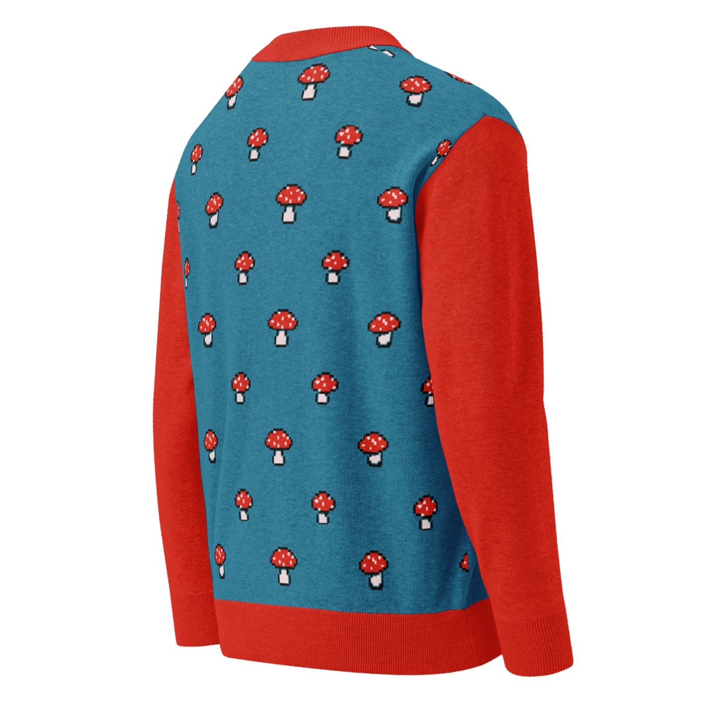 Back view of the pixel mushroom cardigan on a model showing the all over mushroom pattern.