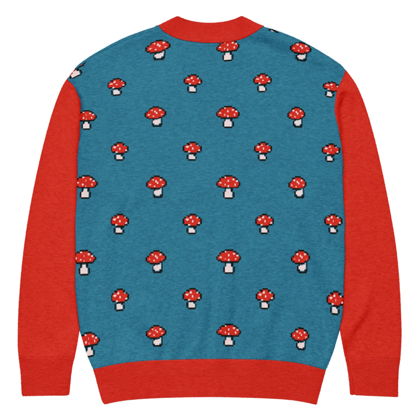 Flat lay back view of the pixel mushroom cardigan showing mushroom pattern.