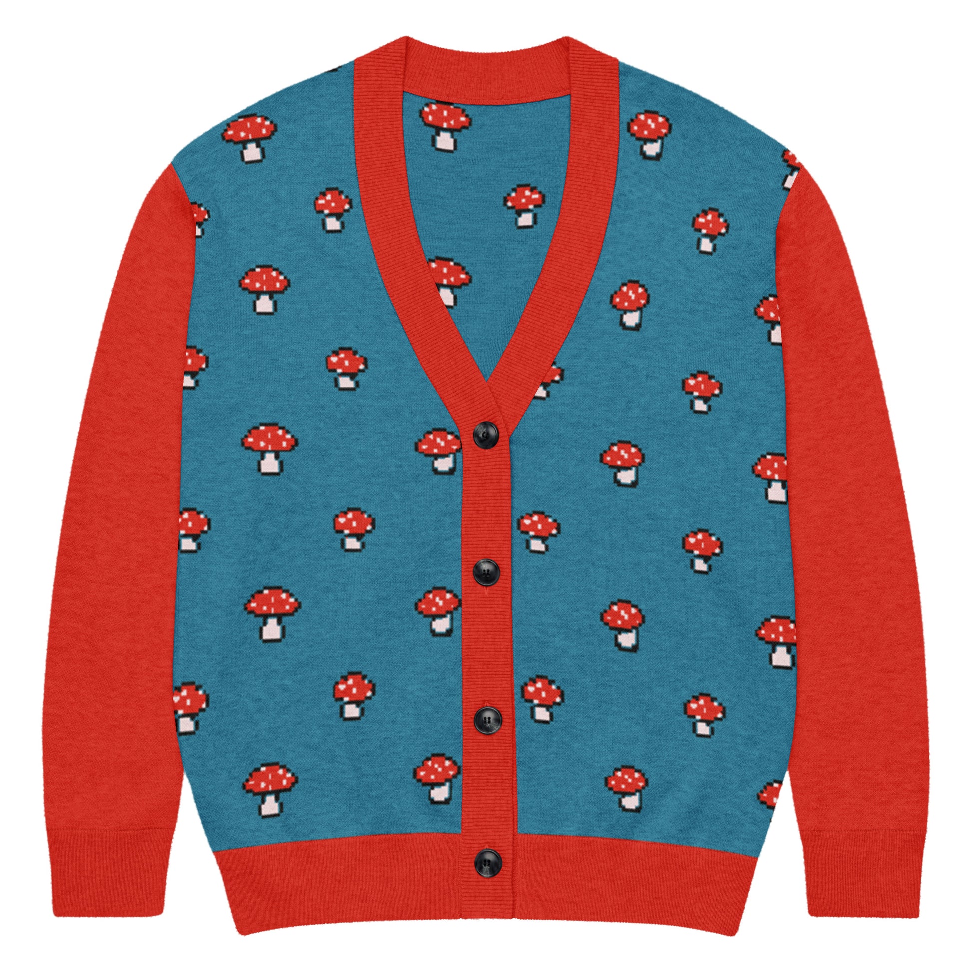 Flat lay front view of the pixel mushroom cardigan showing full design.