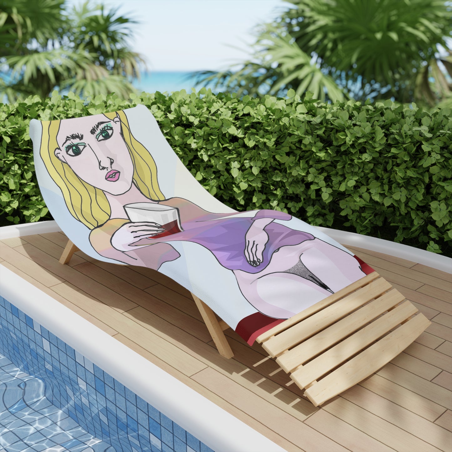 Editorial poolside mockup of an illustrated beach towel featuring pastel NYC indie artwork on a lounge chair beside tropical greenery.