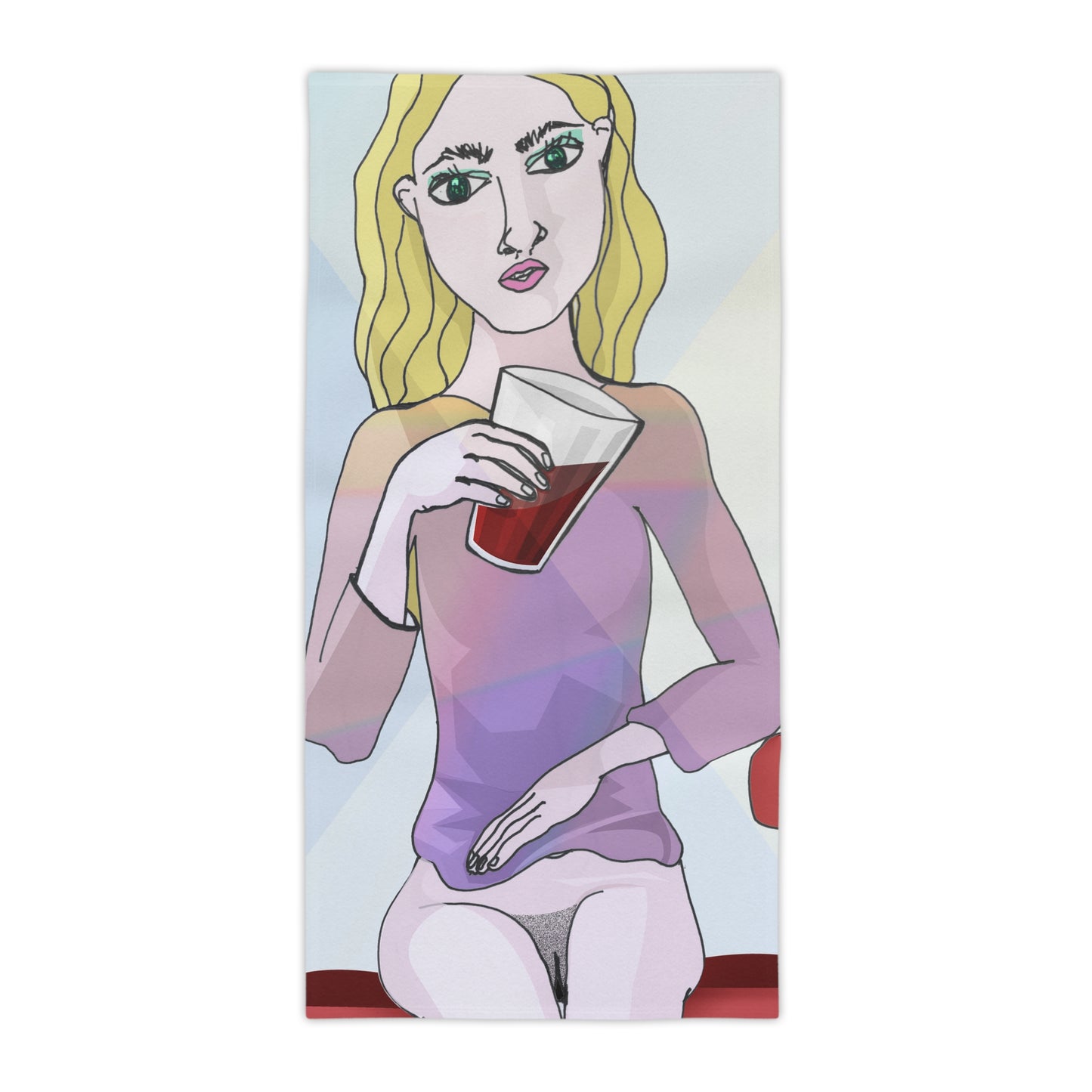 Illustrated beach towel featuring original NYC indie artwork of a blonde woman holding a red drink in soft pastel tones.