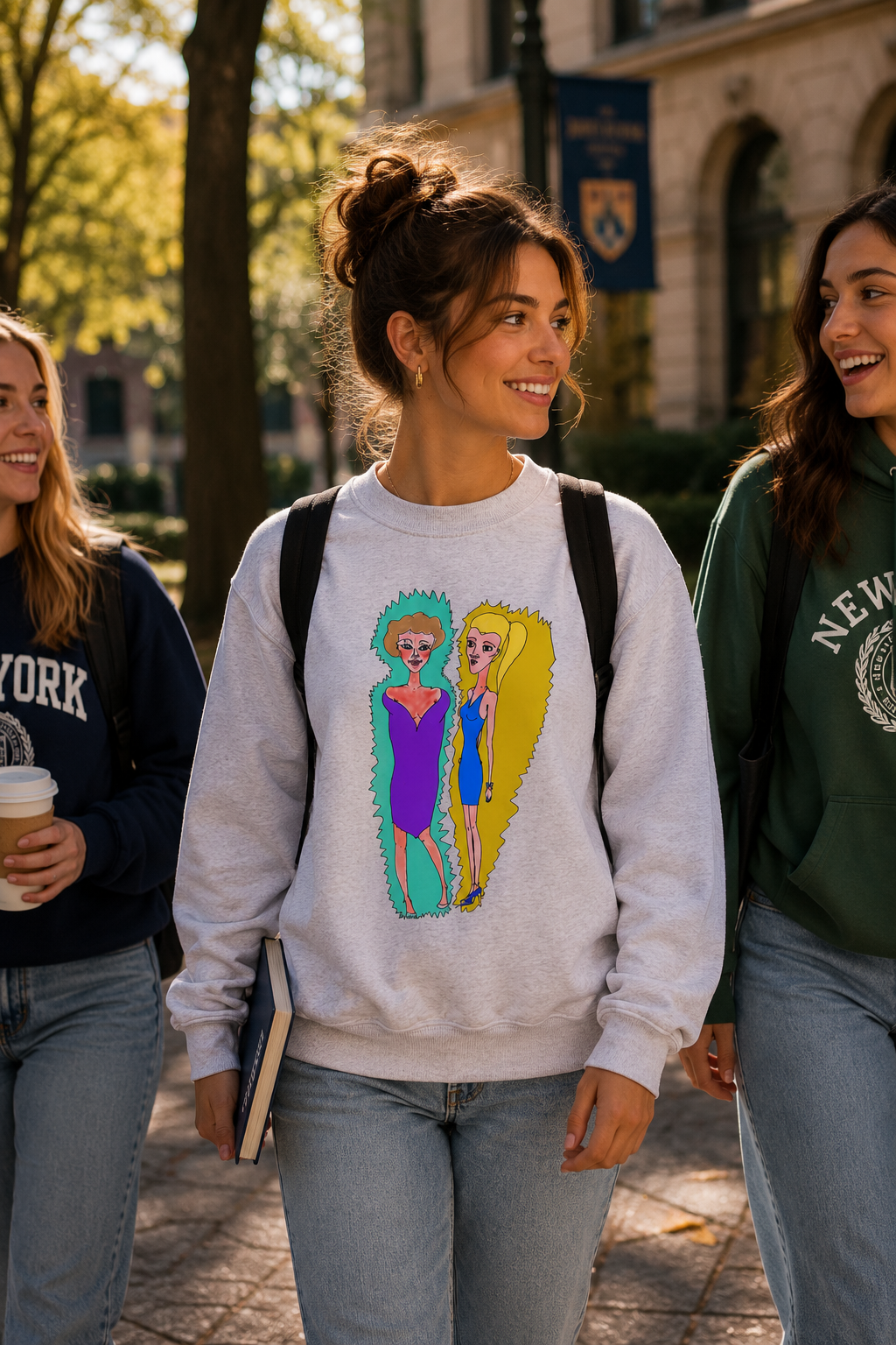 Female college student wearing gray Lads Unisex Graphic Sweatshirt while walking through campus with friends.