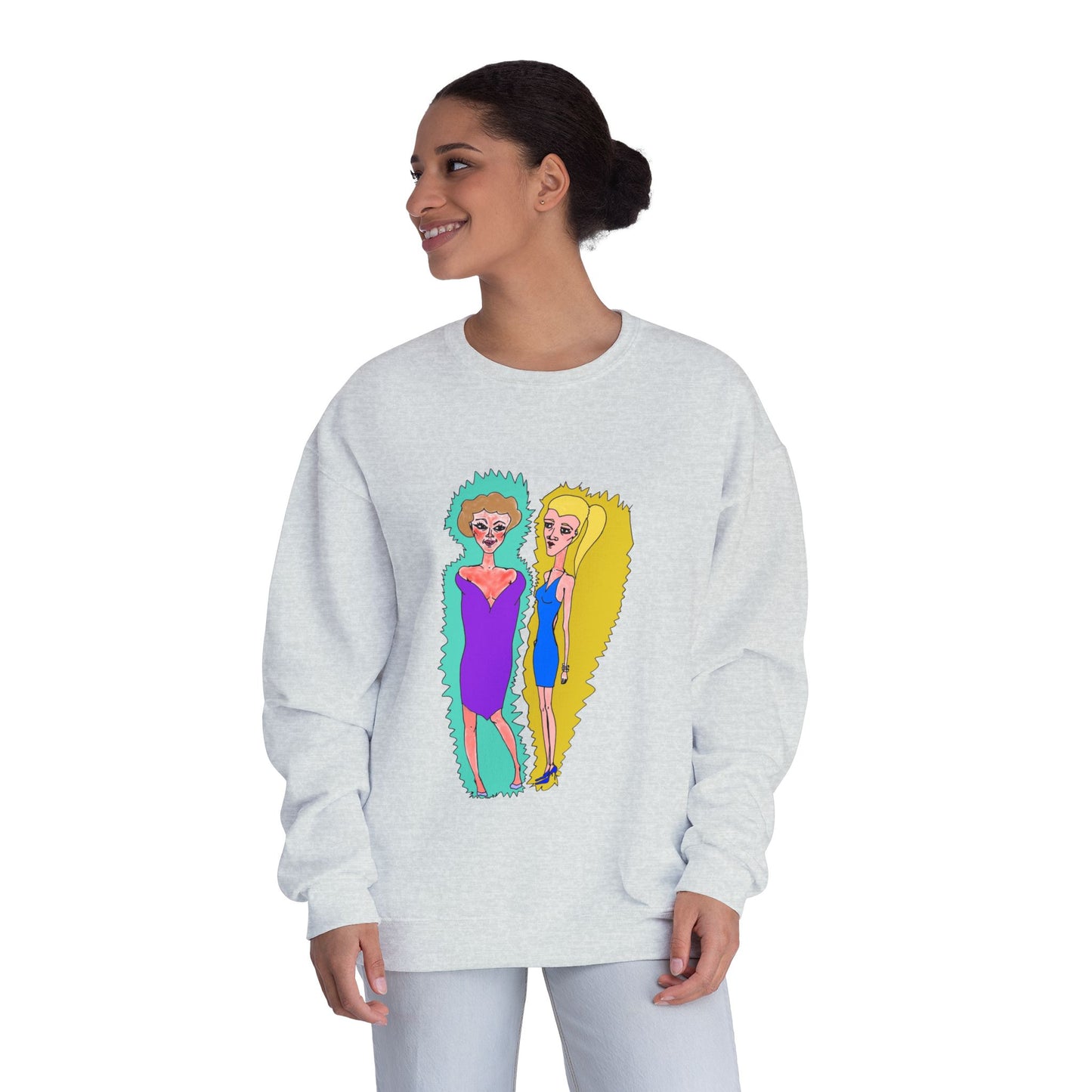 Female model wearing gray Lads Unisex Graphic Sweatshirt with colorful illustrated character artwork.