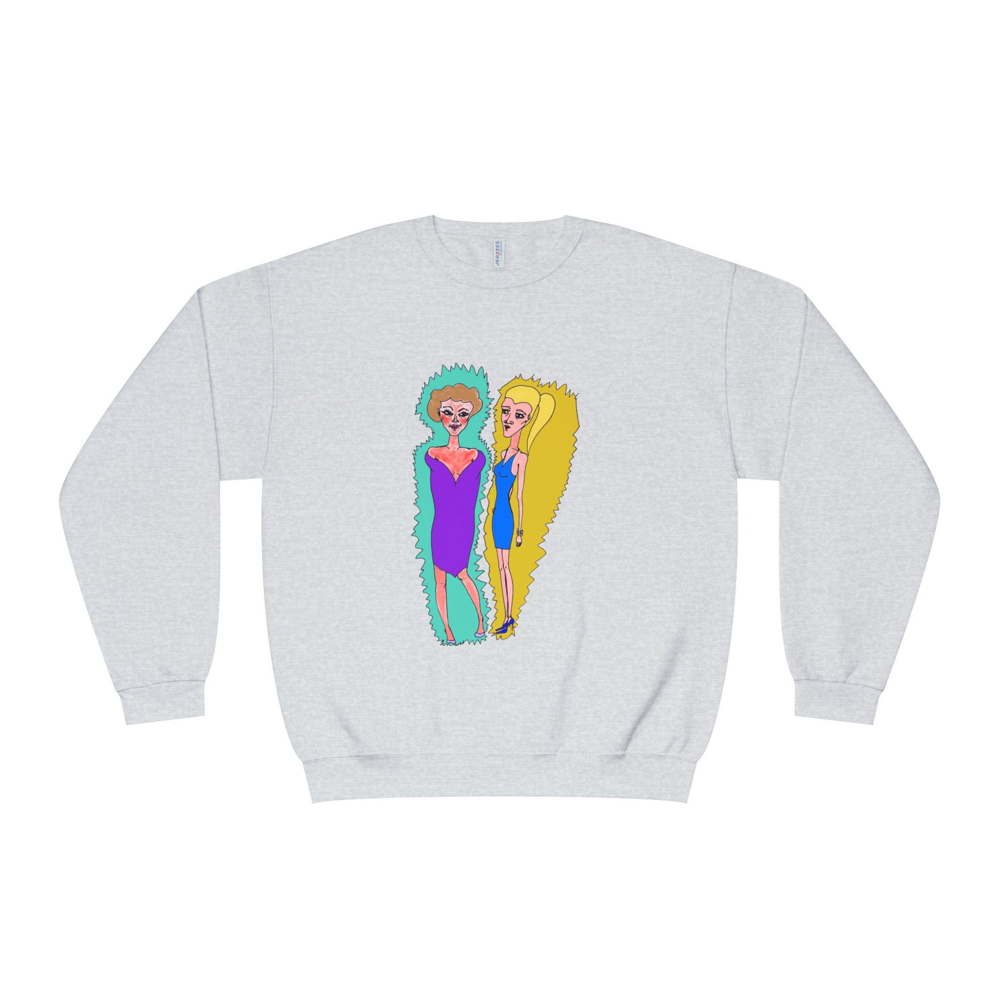 Front view of gray Lads Unisex Graphic Sweatshirt with colorful hand-drawn character design.