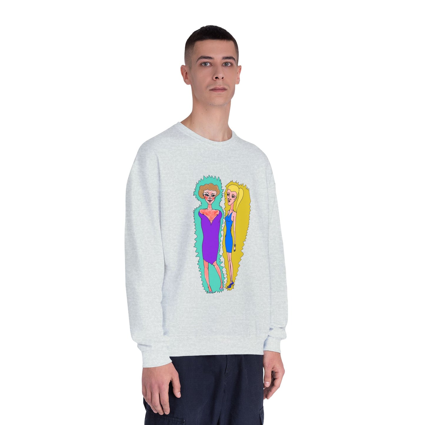 Male model wearing gray Lads Unisex Graphic Sweatshirt featuring original pop art character illustration.