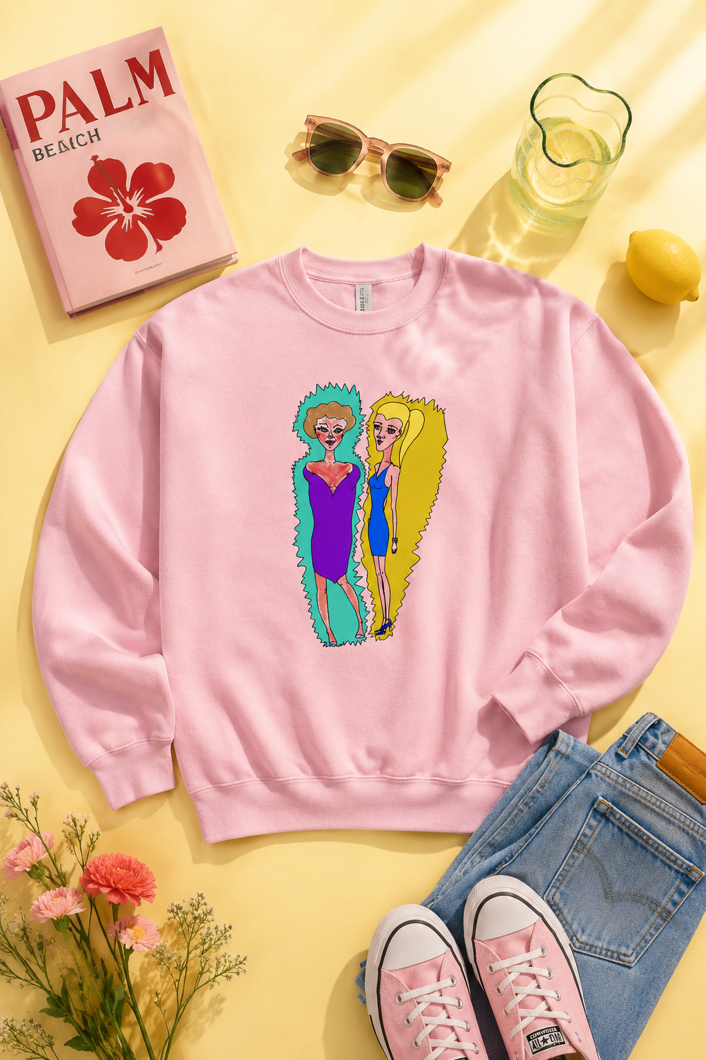 Lads Unisex Graphic Sweatshirt flat lay on a soft pastel background featuring colorful illustrated character artwork.