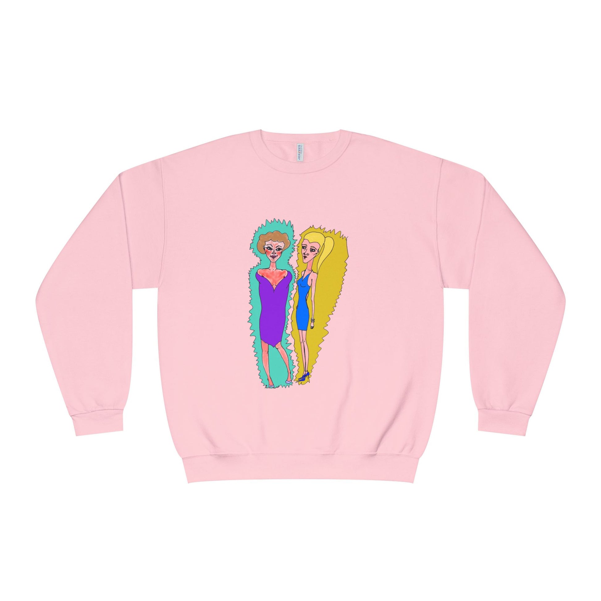 Front view of pink Lads Unisex Graphic Sweatshirt with original illustrated character design.