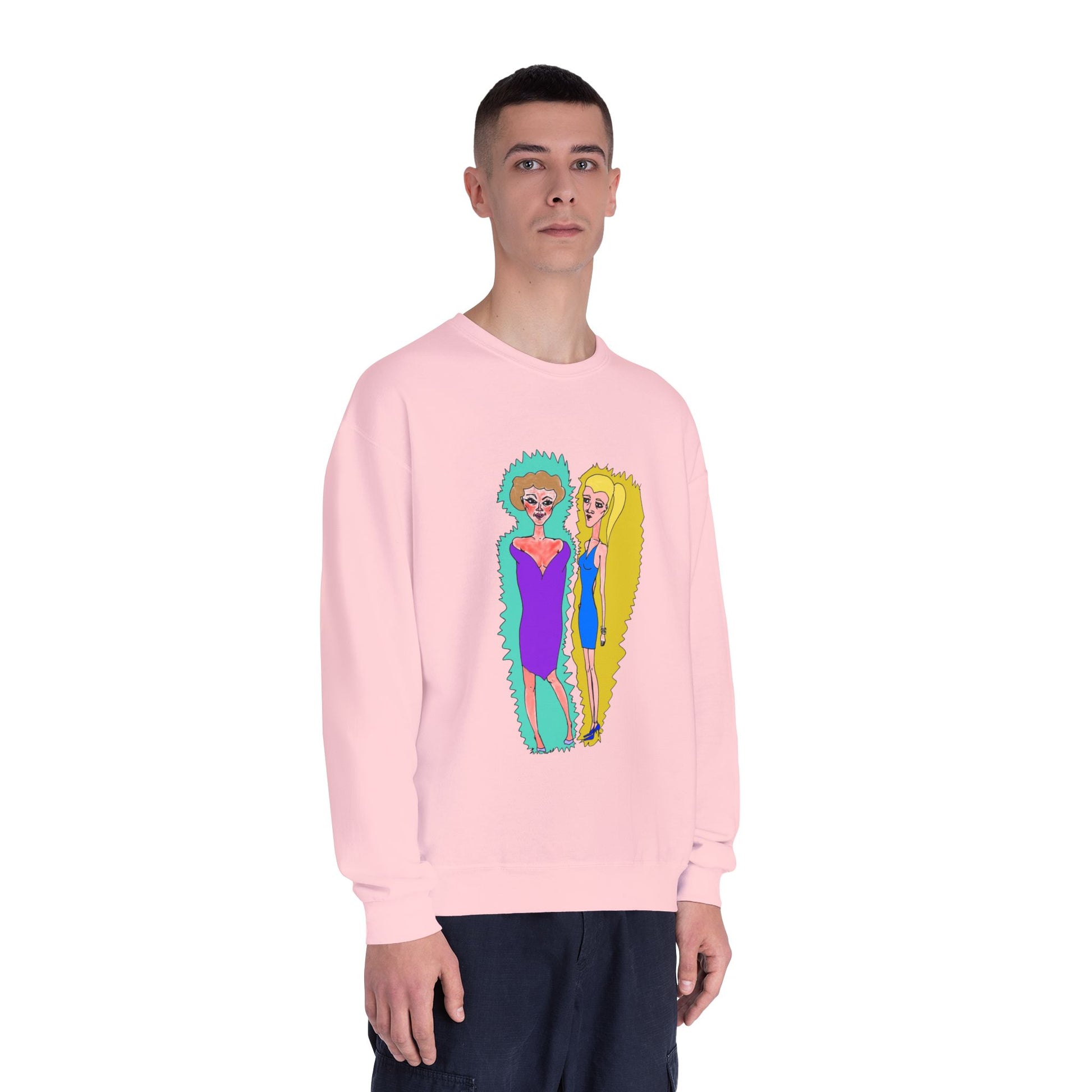 Male model wearing pink Lads Unisex Graphic Sweatshirt with original character illustration artwork.