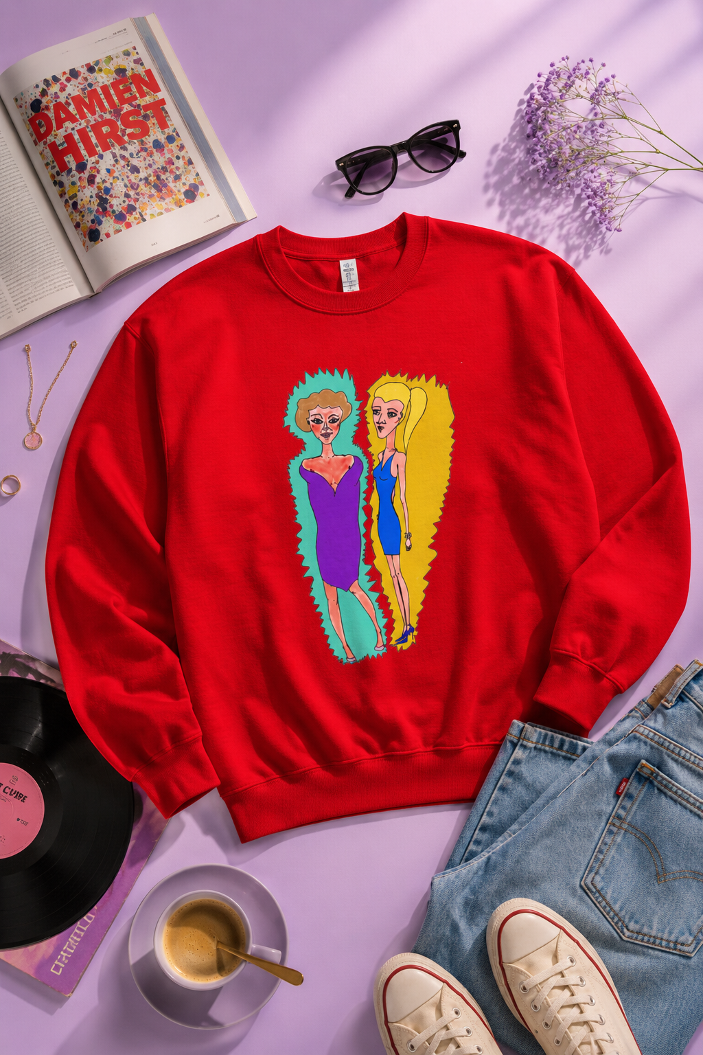 Red Lads Unisex Graphic Sweatshirt flat lay showcasing colorful hand-drawn character artwork.