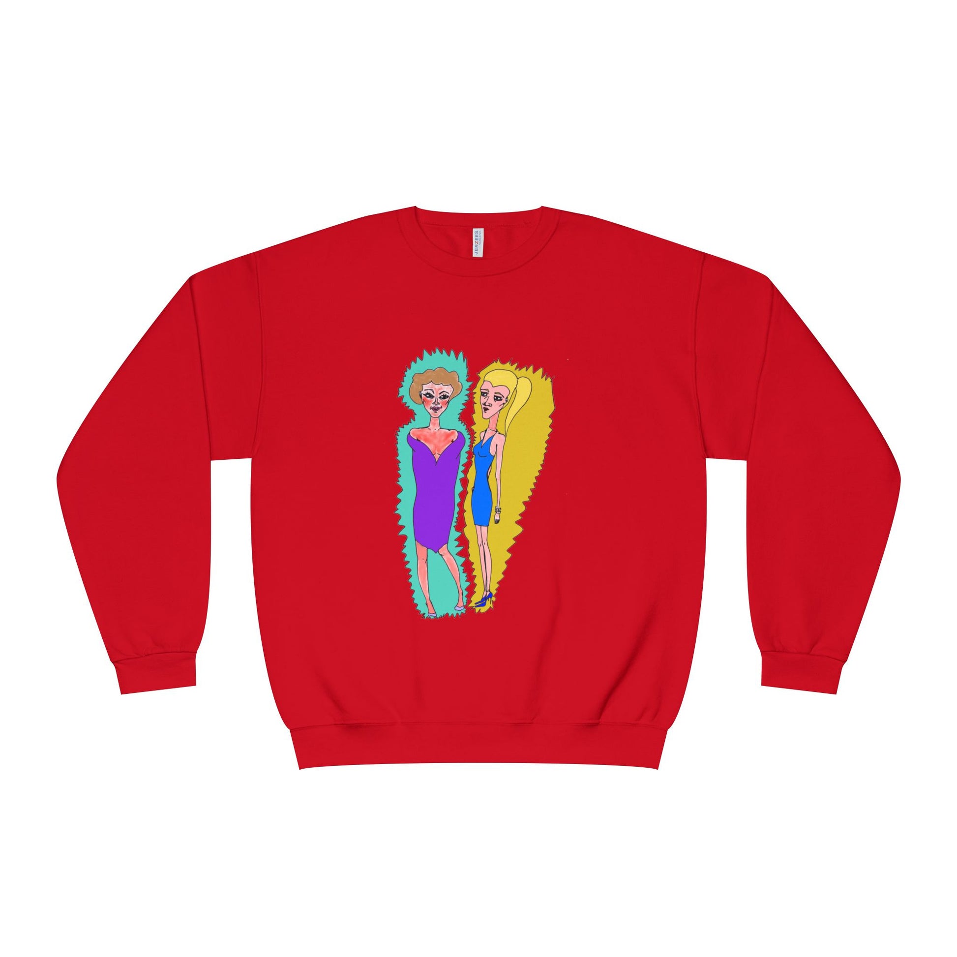 Front view of red Lads Unisex Graphic Sweatshirt featuring original colorful character illustration.