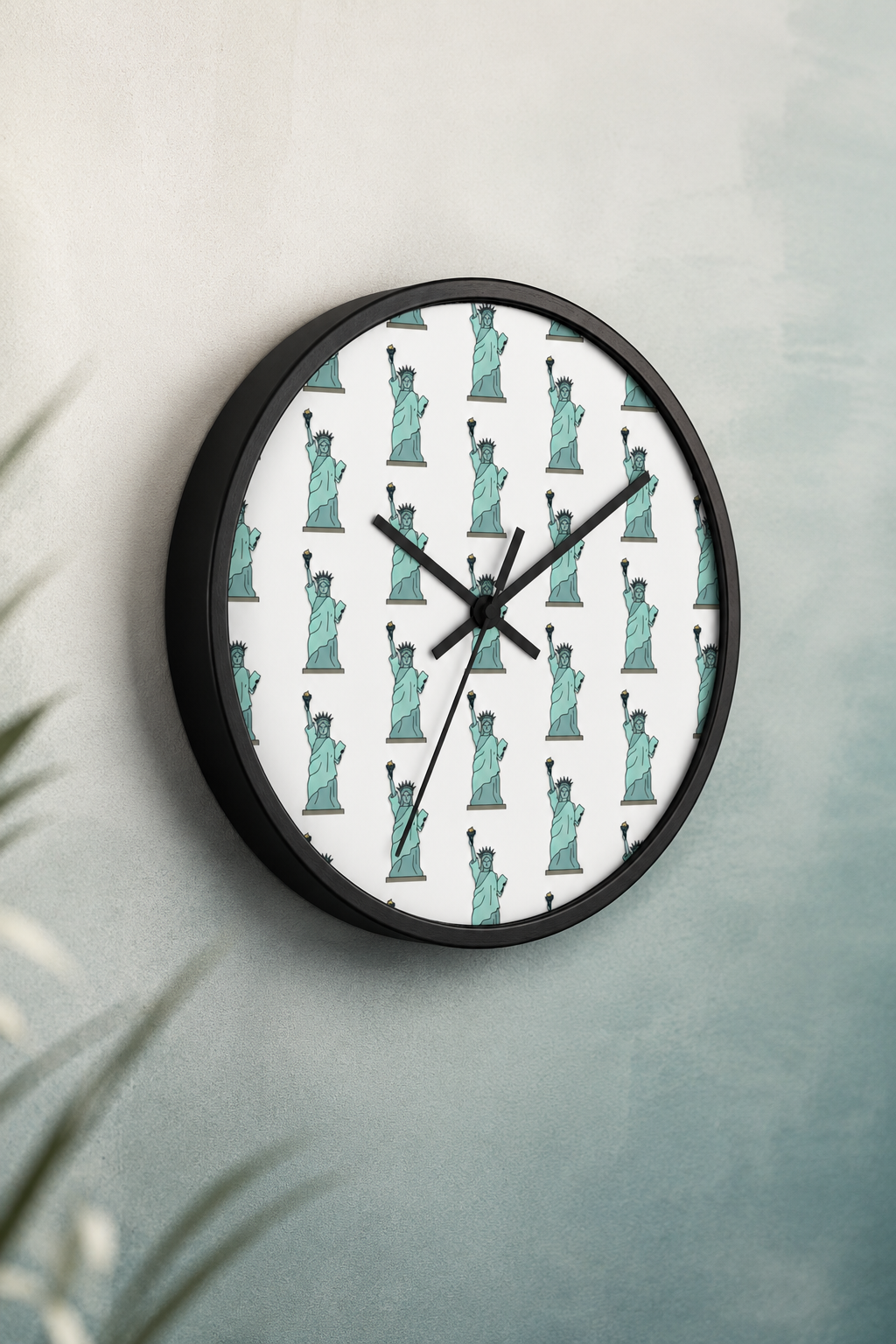 Lady Liberty NYC wall clock with black frame on a pale green gradient wall