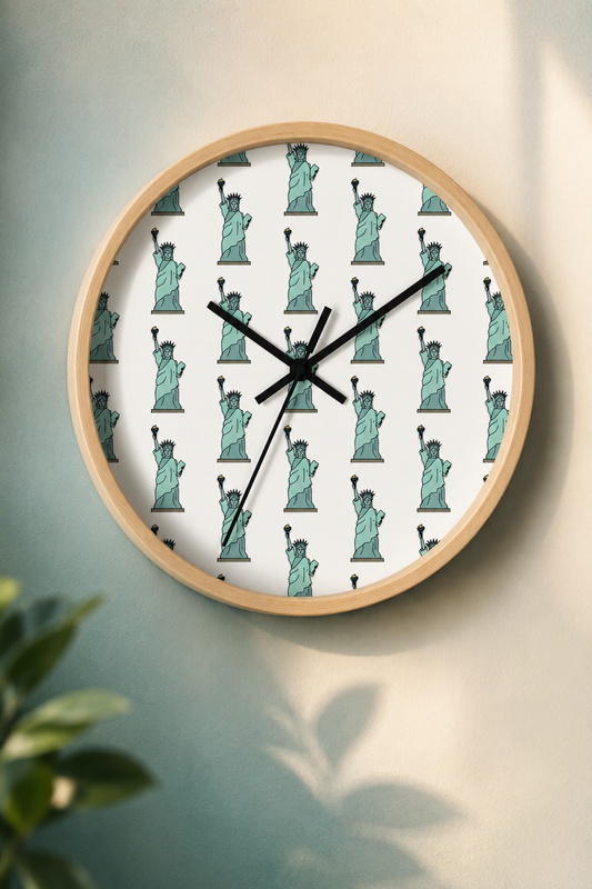 Lady Liberty Statue of Liberty wall clock with natural wood frame on a gradient accent wall
