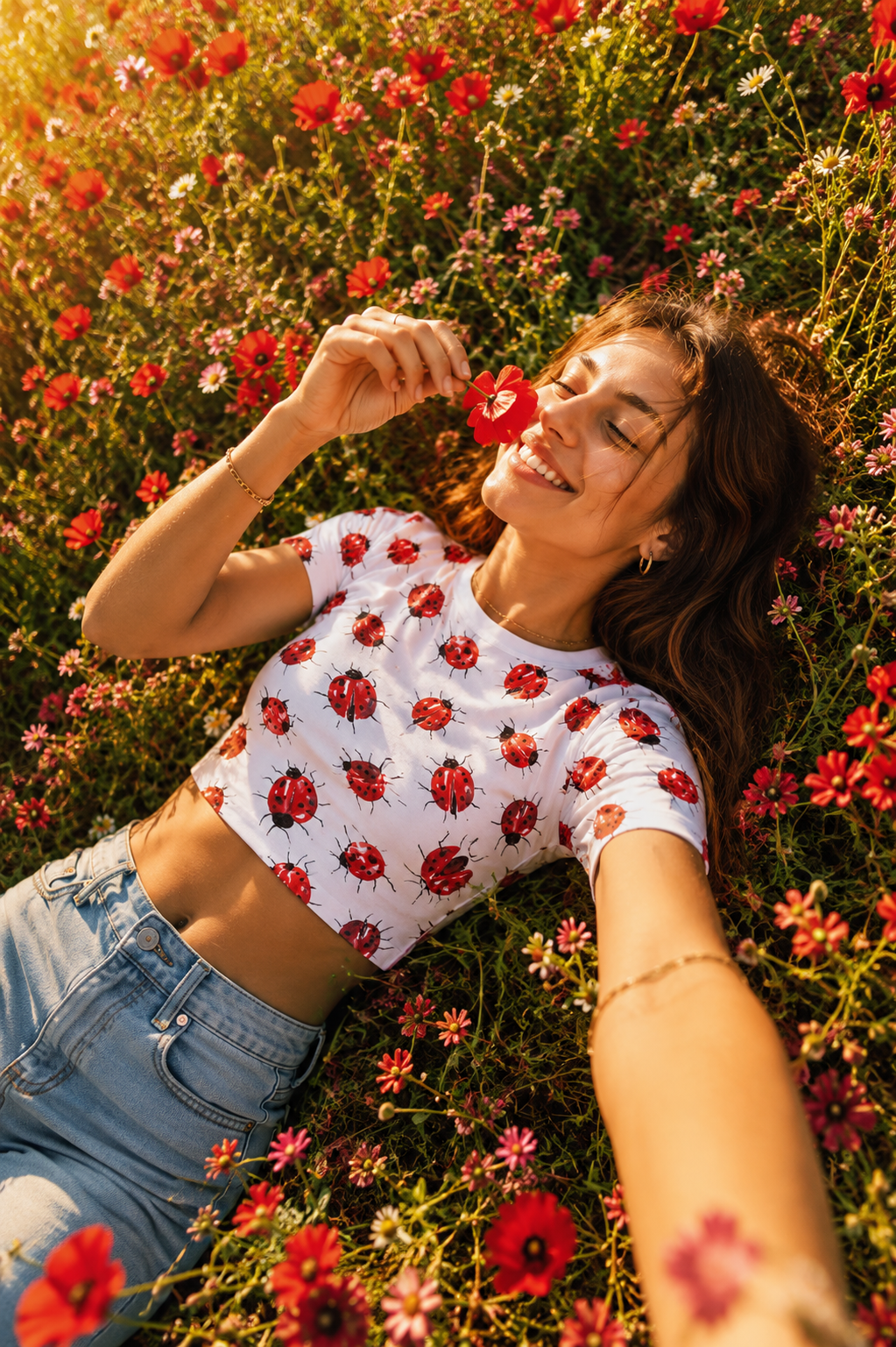 Woman wearing ladybug print crop top while laying in flowers in cinematic spring editorial scene