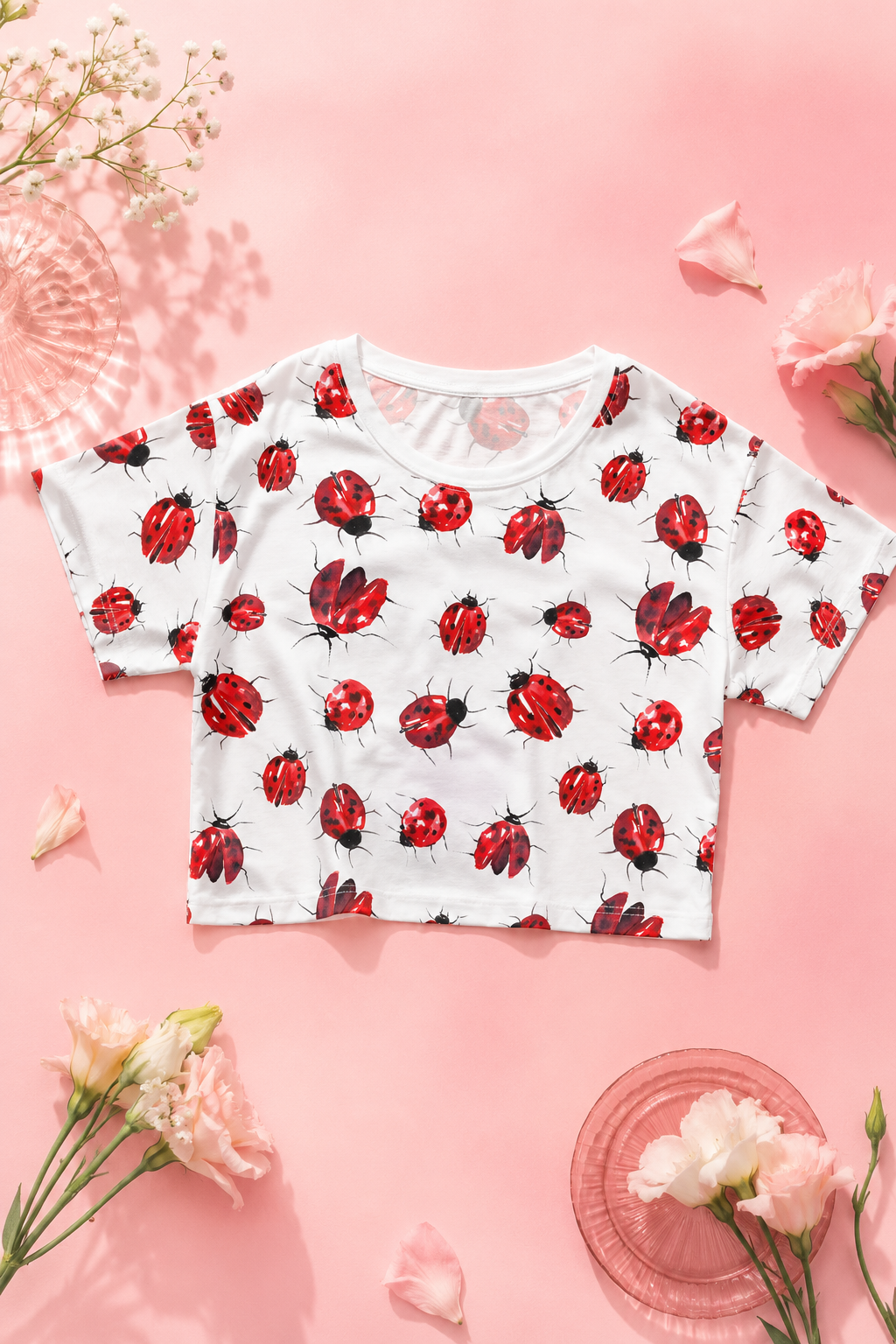 Ladybug print crop top styled in soft pink editorial flat lay with spring aesthetic props