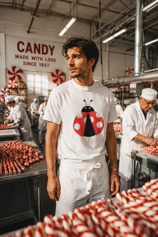 Ladybug Graphic Unisex T-Shirt worn by man inside cherry candy factory lifestyle scene