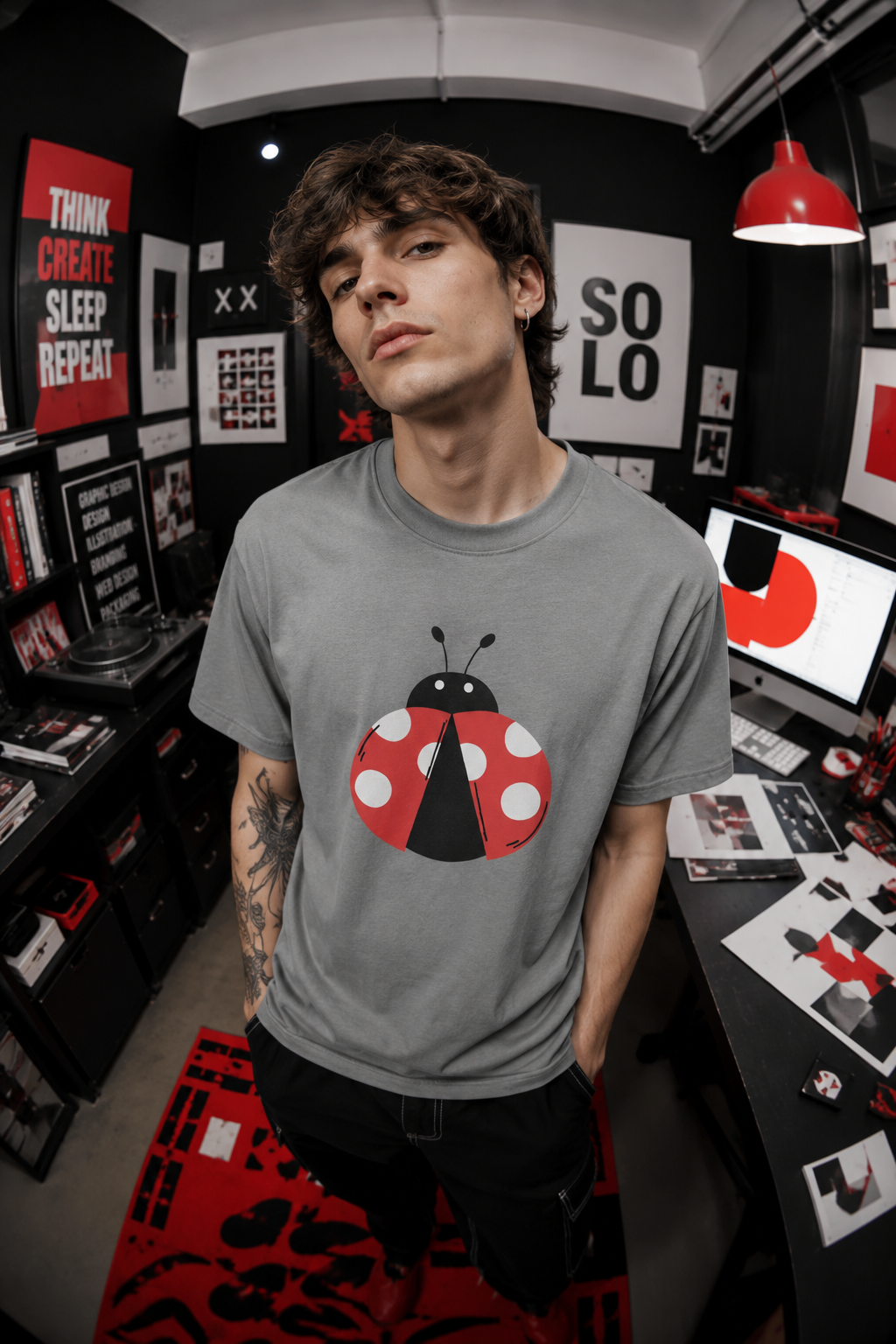 Man wearing gray Ladybug Graphic Unisex T-Shirt inside creative design studio