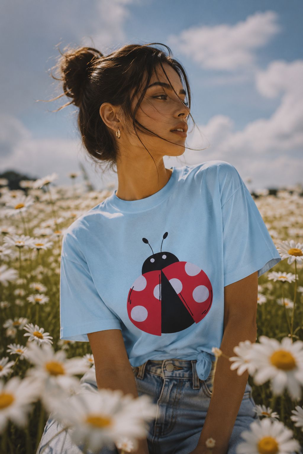 Woman wearing light blue Ladybug Graphic Unisex T-Shirt in a daisy field