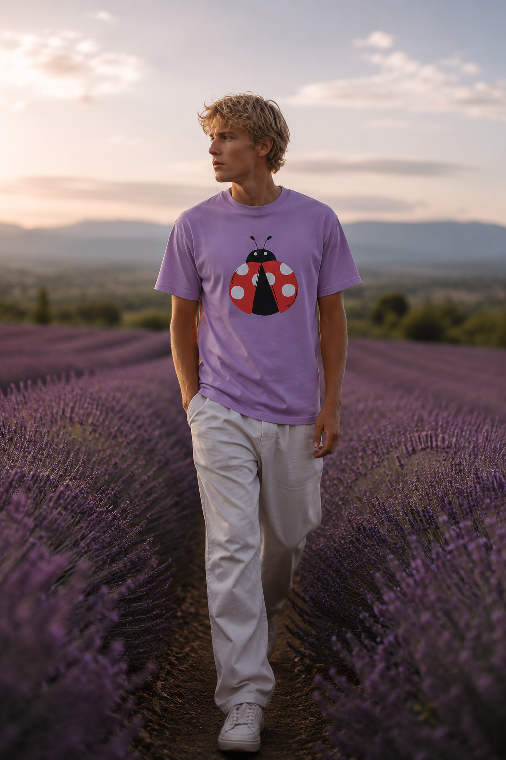 Man wearing lavender Ladybug Graphic Unisex T-Shirt walking through a lavender field