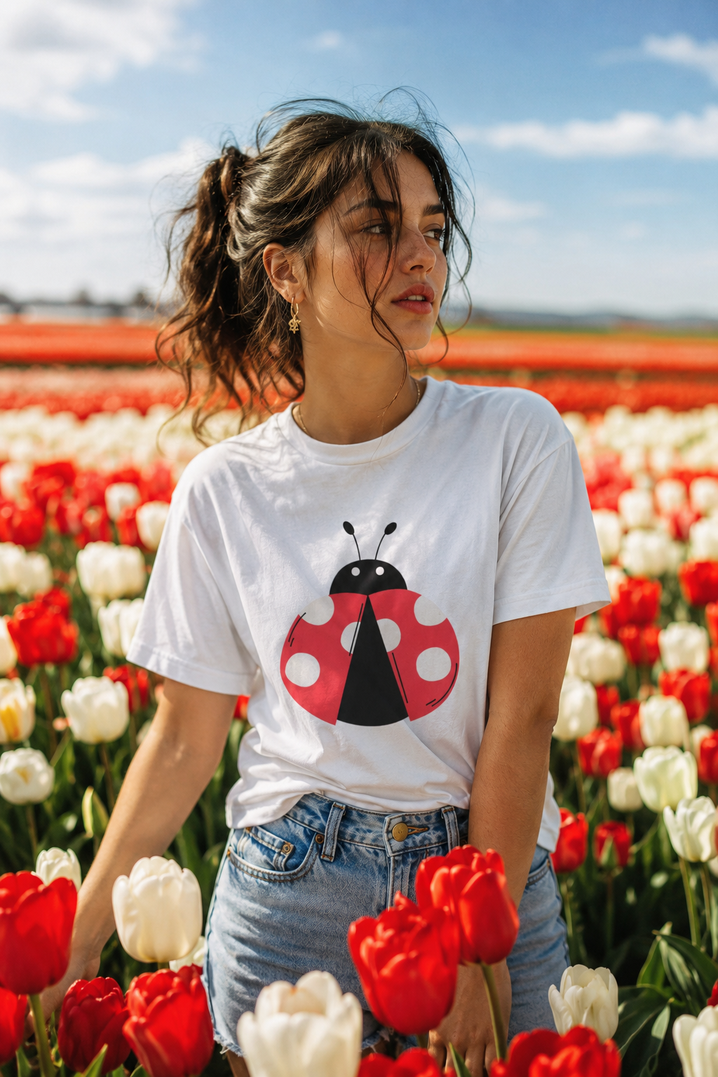 Woman wearing Ladybug Graphic Unisex T-Shirt in a red and white tulip field