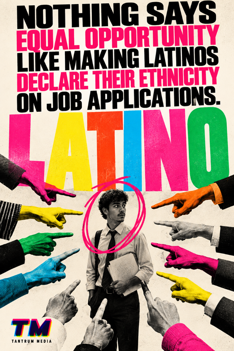 Editorial cover about Latino and Hispanic ethnicity questions on job applications, showing a Latino job applicant surrounded by pointing hands.