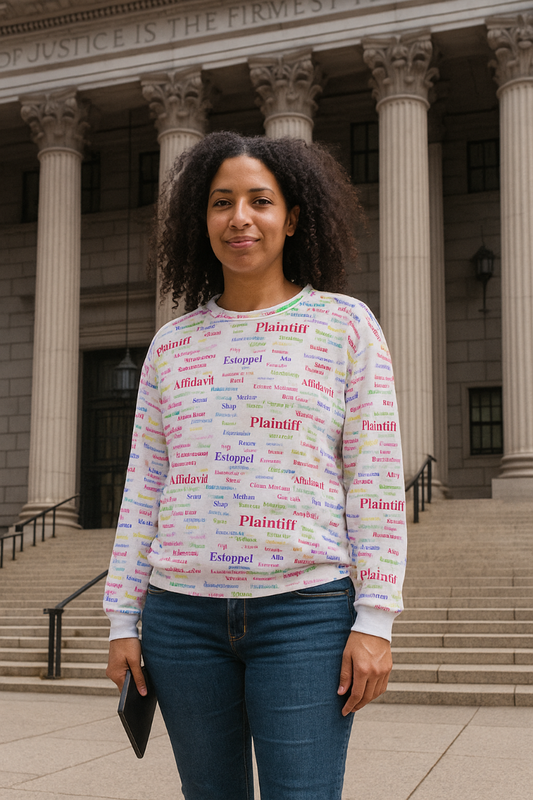Young woman wearing Legalese Sweatshirt crew neck with colorful legal jargon print, standing outside a courthouse.