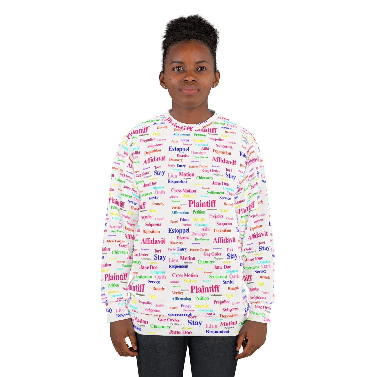 Female model wearing Legalese Sweatshirt polyester crew neck with colorful legalese pattern.