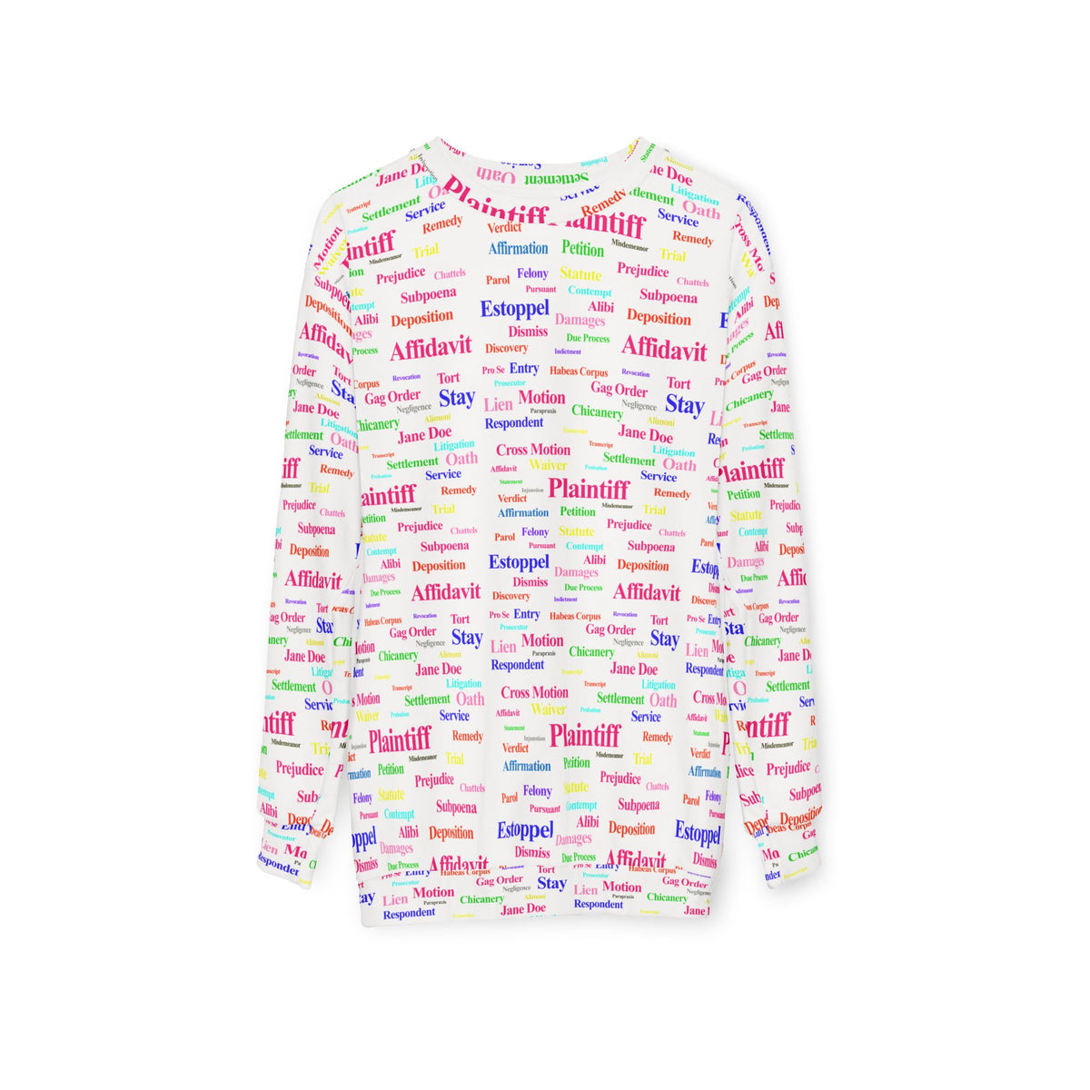 Long-sleeve shirt with colorful legalese  text pattern on a white background
