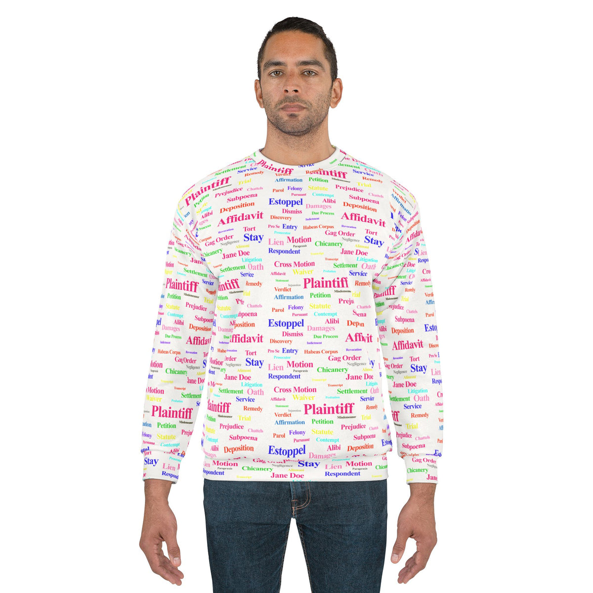 Male model wearing Legalese Sweatshirt unisex crew neck with vibrant legal terms design.