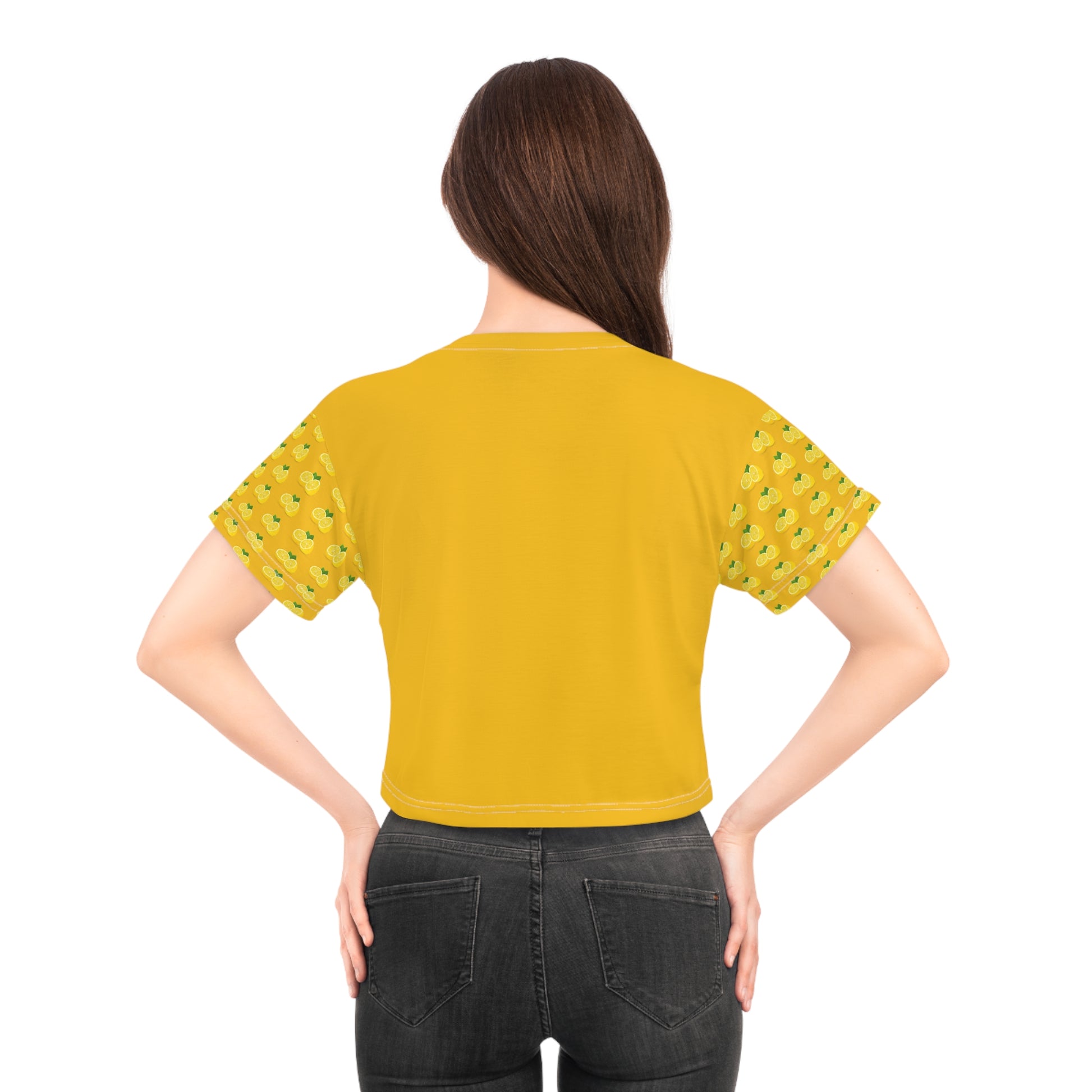 Back view of yellow lemon slice crop top with patterned sleeves