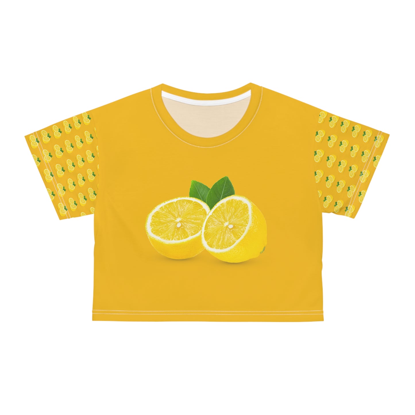 Yellow lemon slice crop top with citrus graphic artwork and cropped streetwear fit