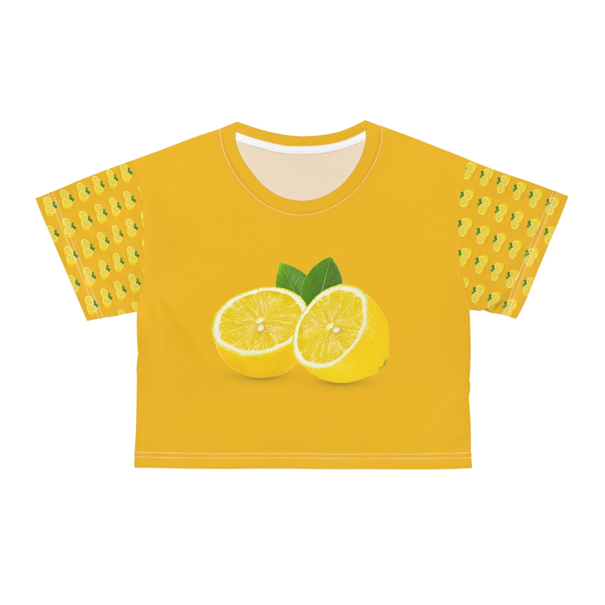 Yellow lemon slice crop top with citrus graphic artwork and cropped streetwear fit