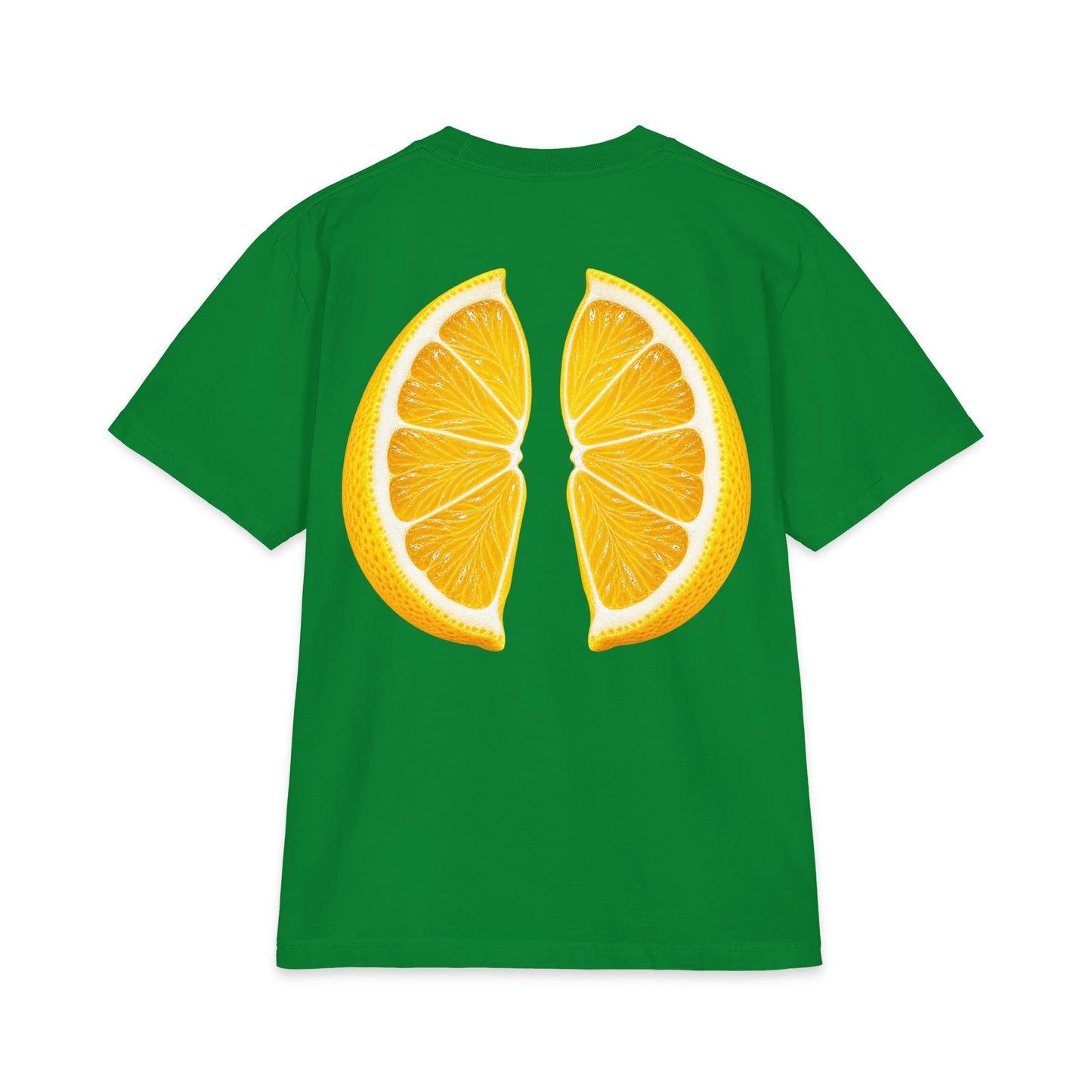 Green heavyweight graphic t-shirt with vibrant lemon wedge back print