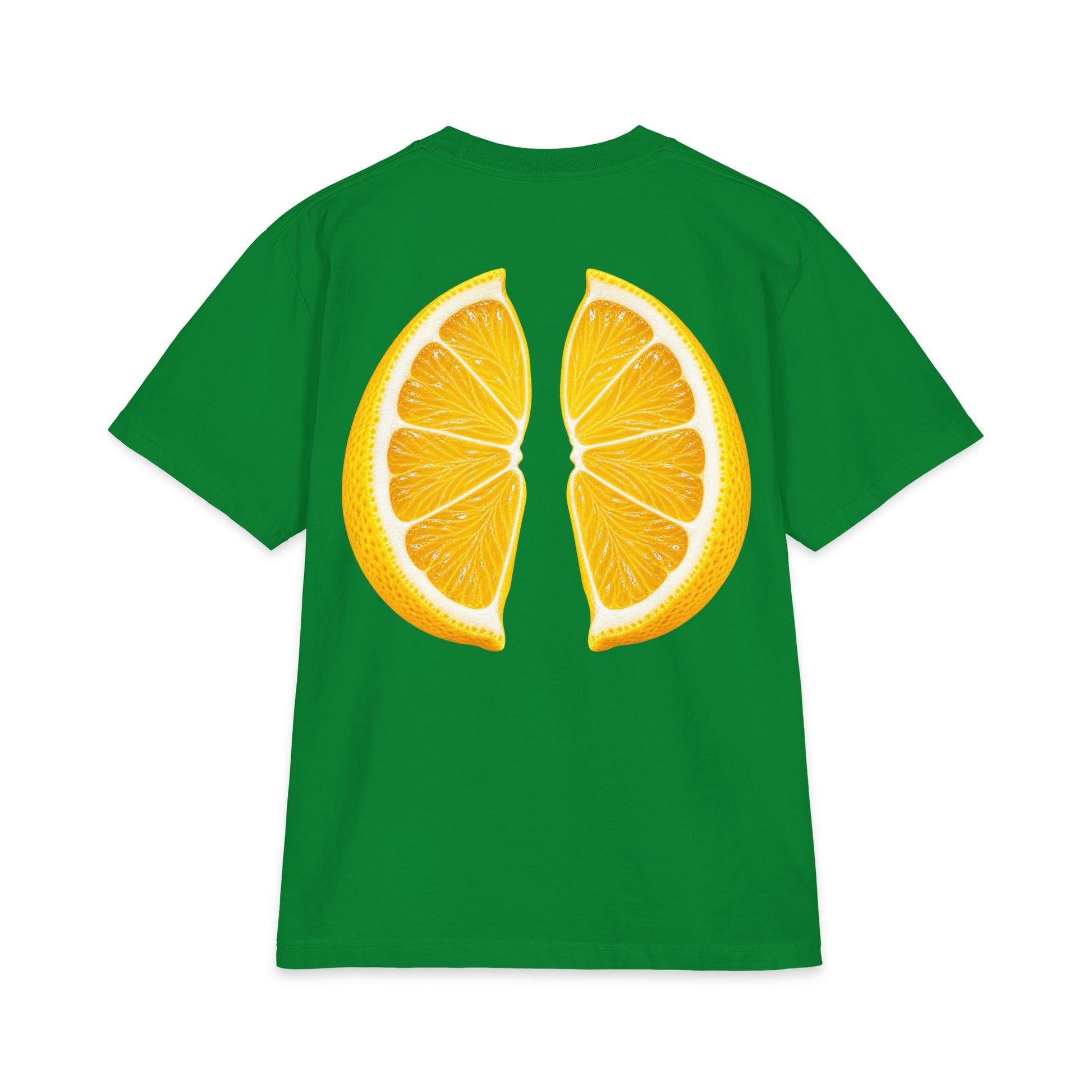 Green heavyweight graphic t-shirt with vibrant lemon wedge back print