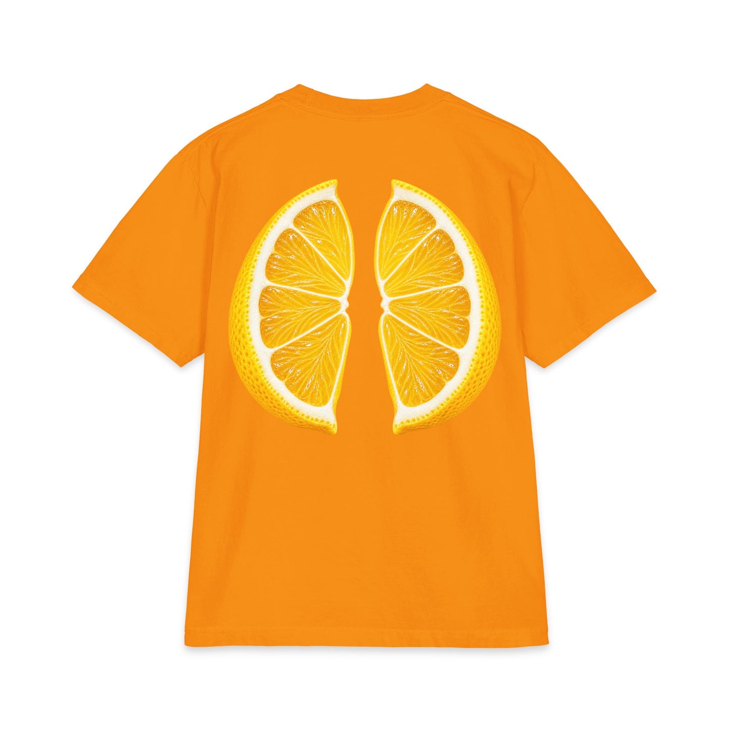 Orange heavyweight graphic t-shirt with bright lemon wedge back print