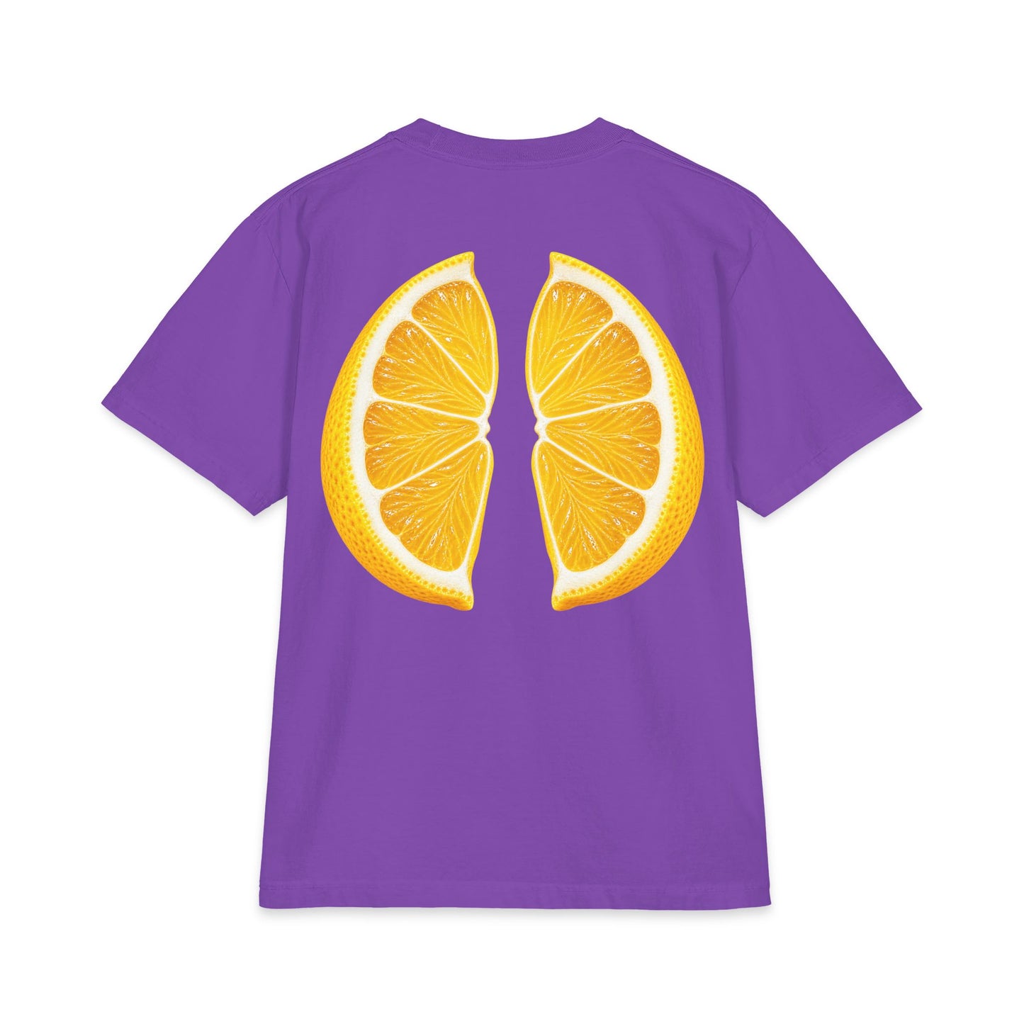 Purple heavyweight graphic t-shirt with colorful lemon wedge back print