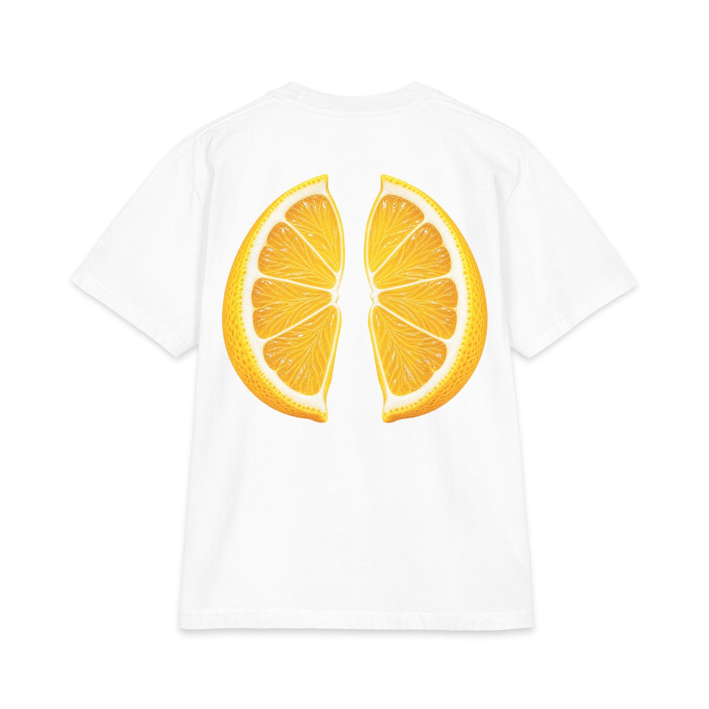 White heavyweight graphic t-shirt with oversized lemon wedge back print